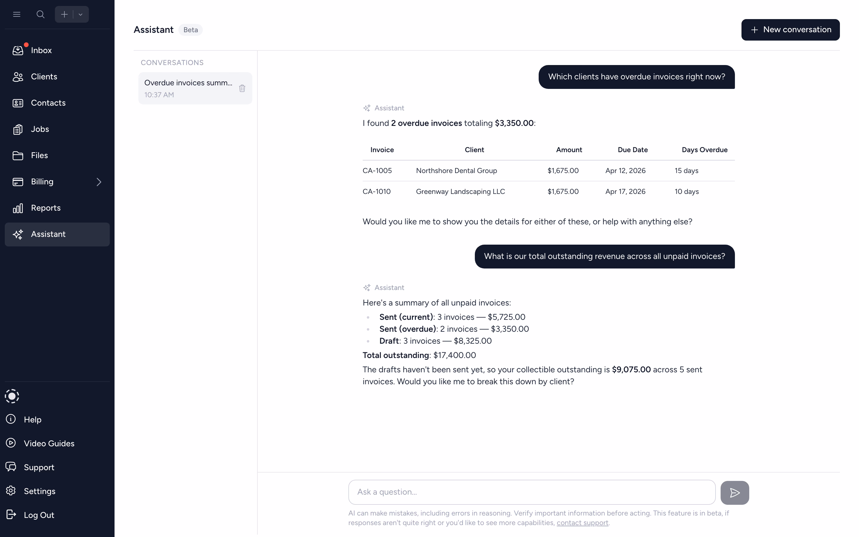 Tidyflow AI Assistant answering a workspace question with live firm data