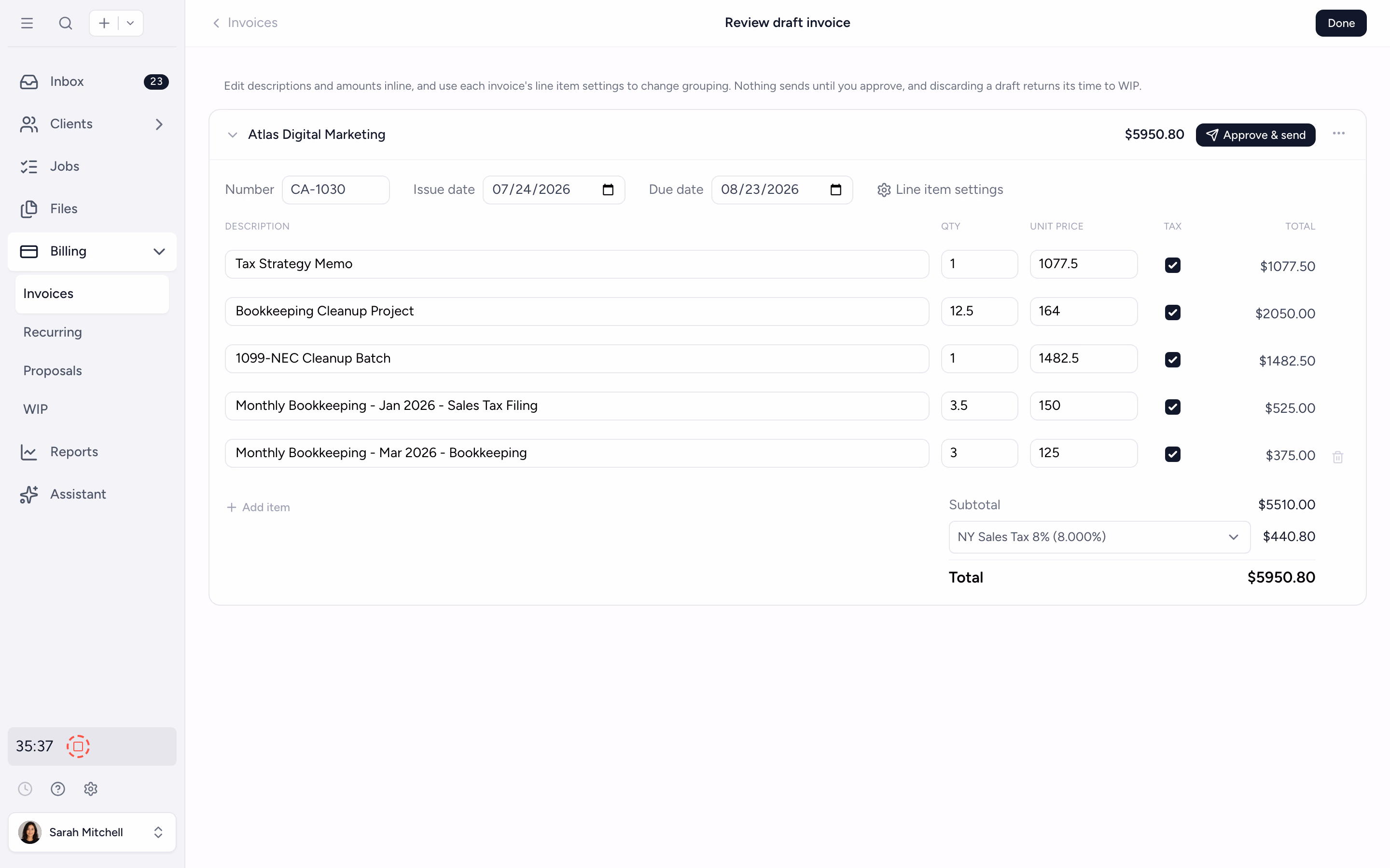 Draft invoice review screen with inline-editable lines, tax, and an approve and send action