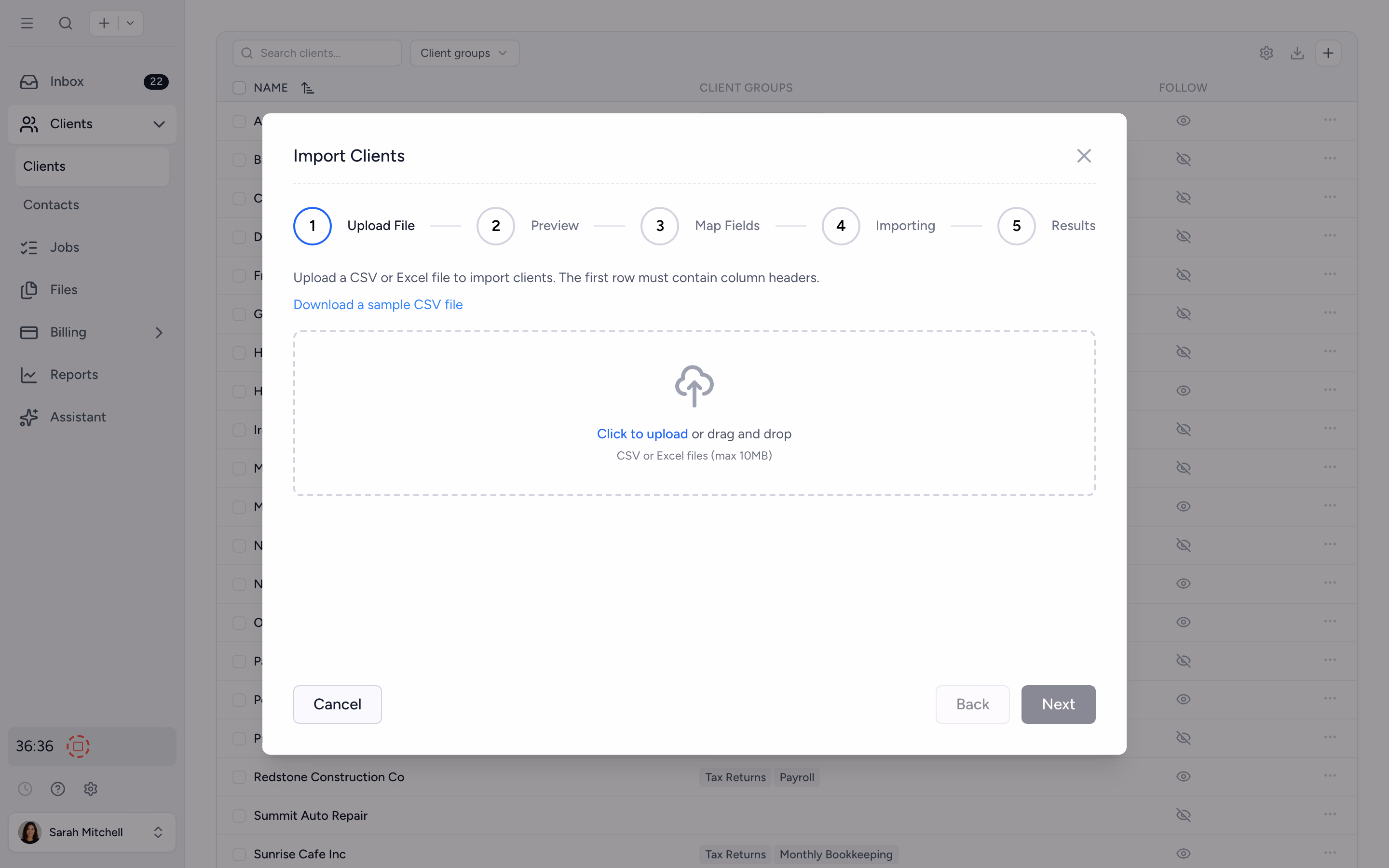 Client import modal pulling from Xero or QuickBooks Online