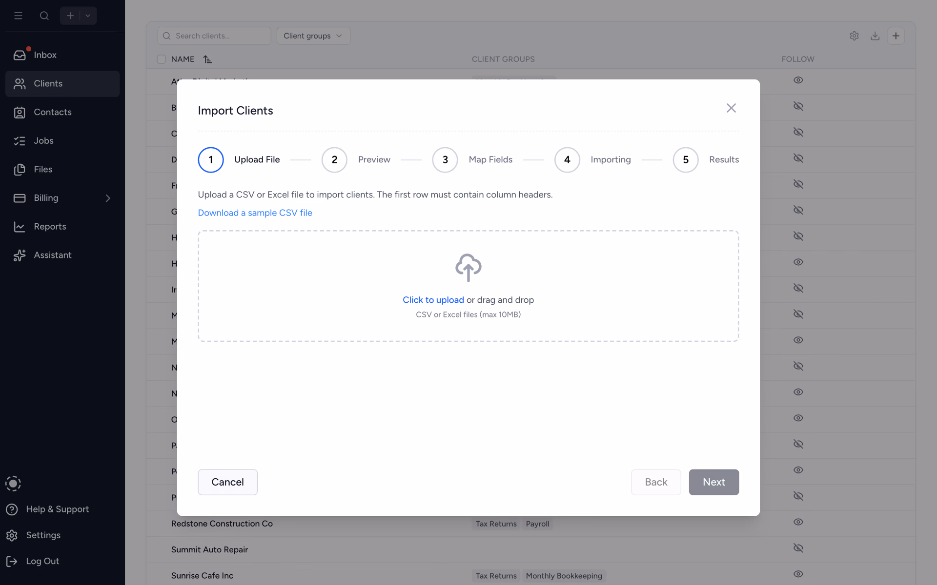 Client import modal pulling from Xero or QBO