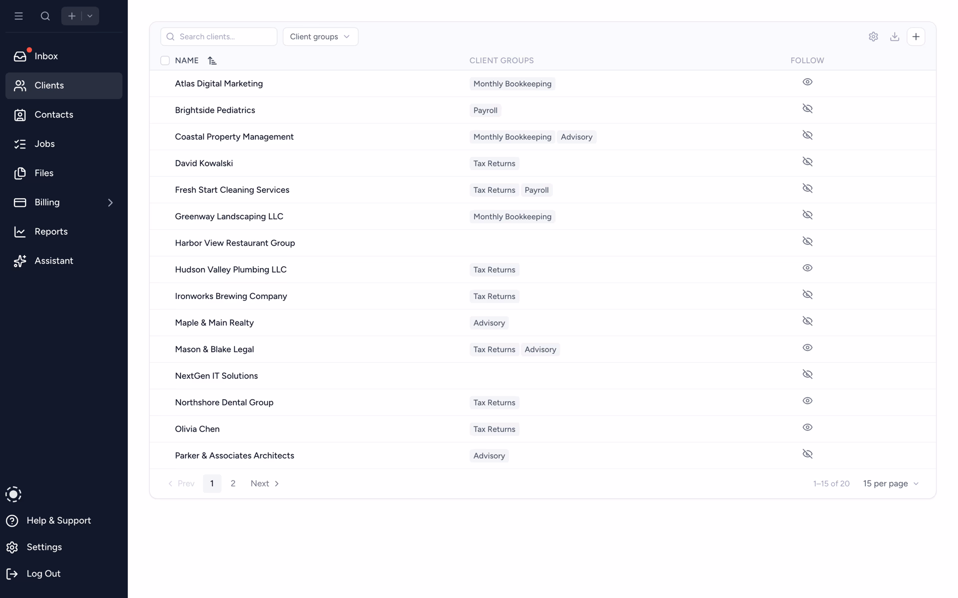 Tidyflow client list with all firm clients in one searchable view