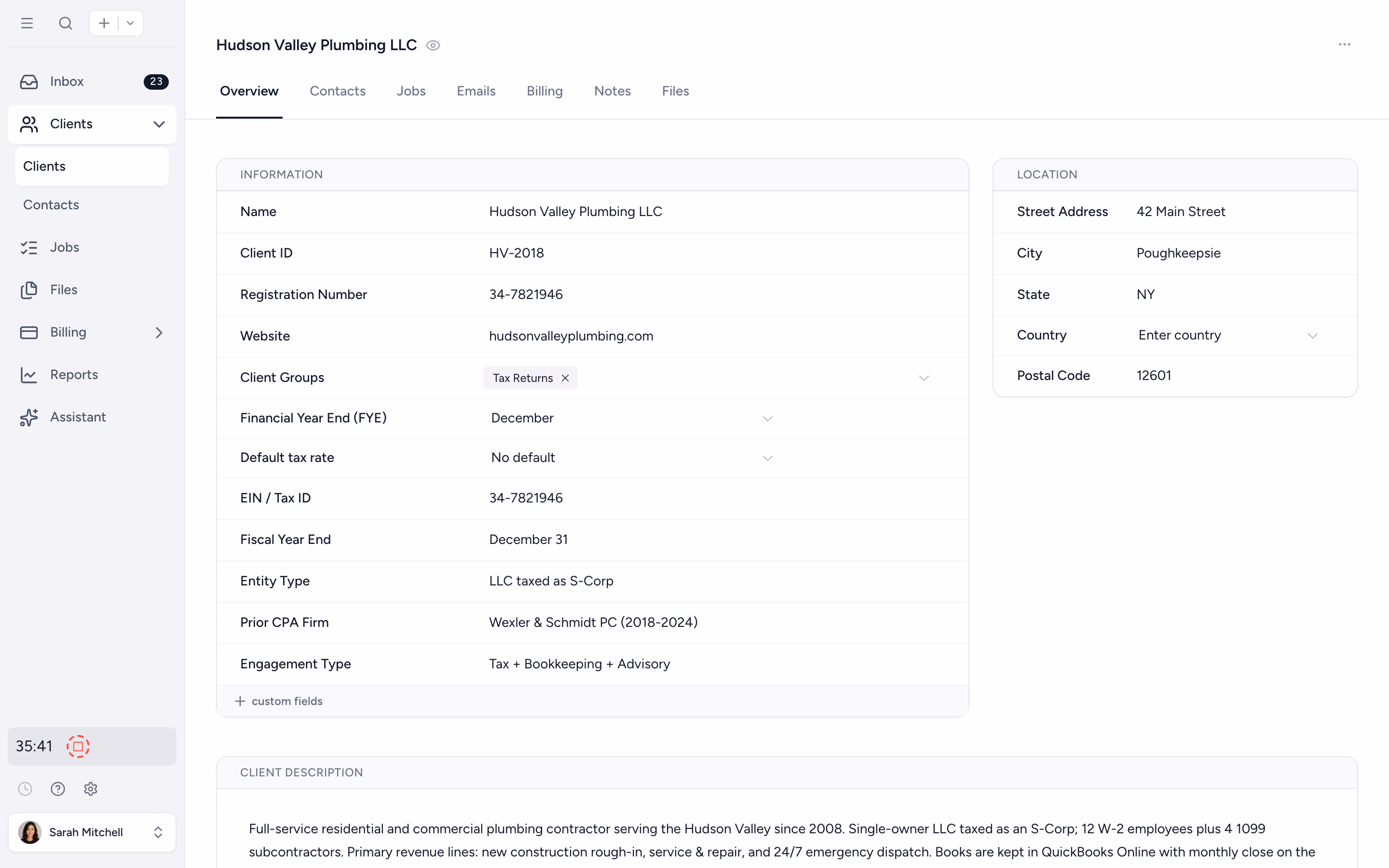 Client overview with business info, contacts, jobs, and activity