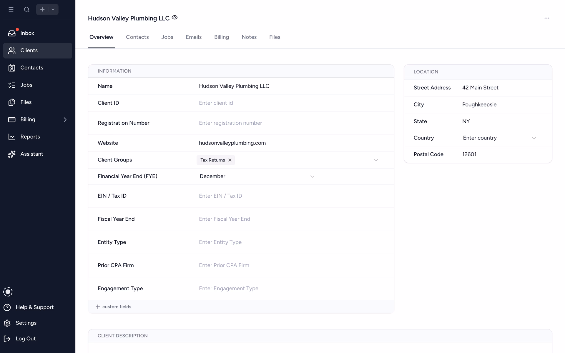 Client overview with business info, contacts, jobs, and activity