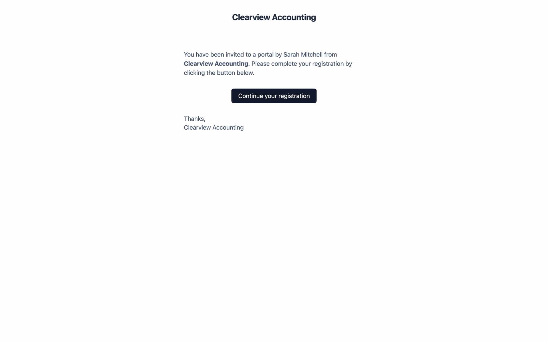 Branded portal invitation email sent to a client contact