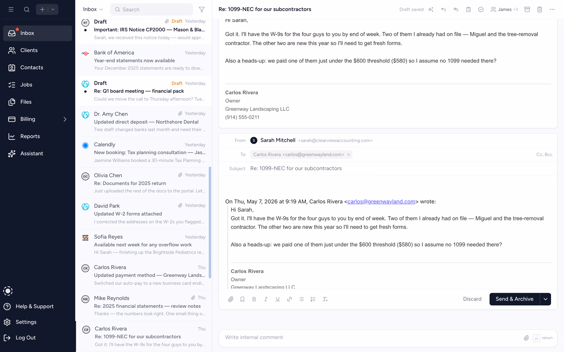 Compose a reply linked to a client and job