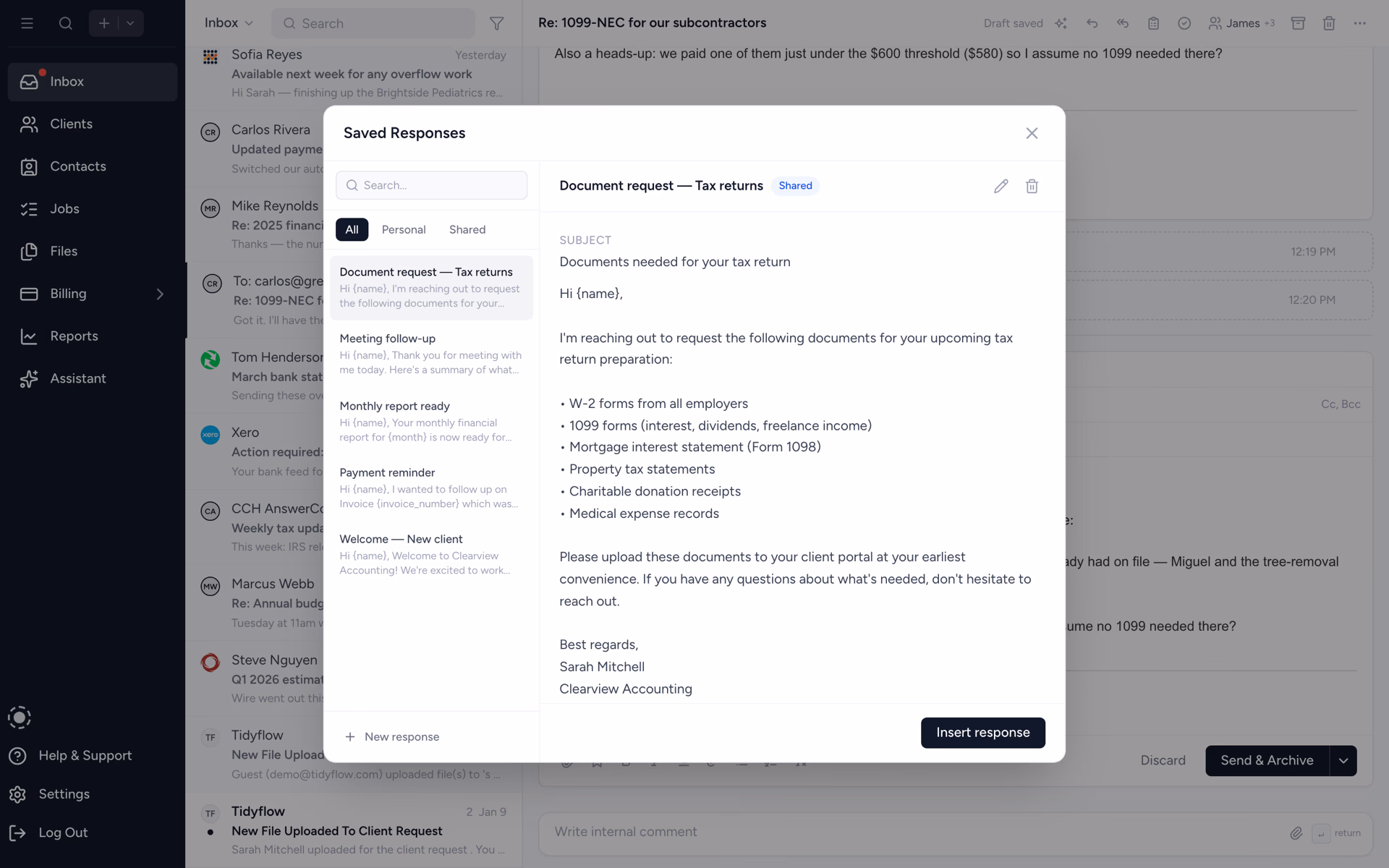 Saved response templates for repeated replies