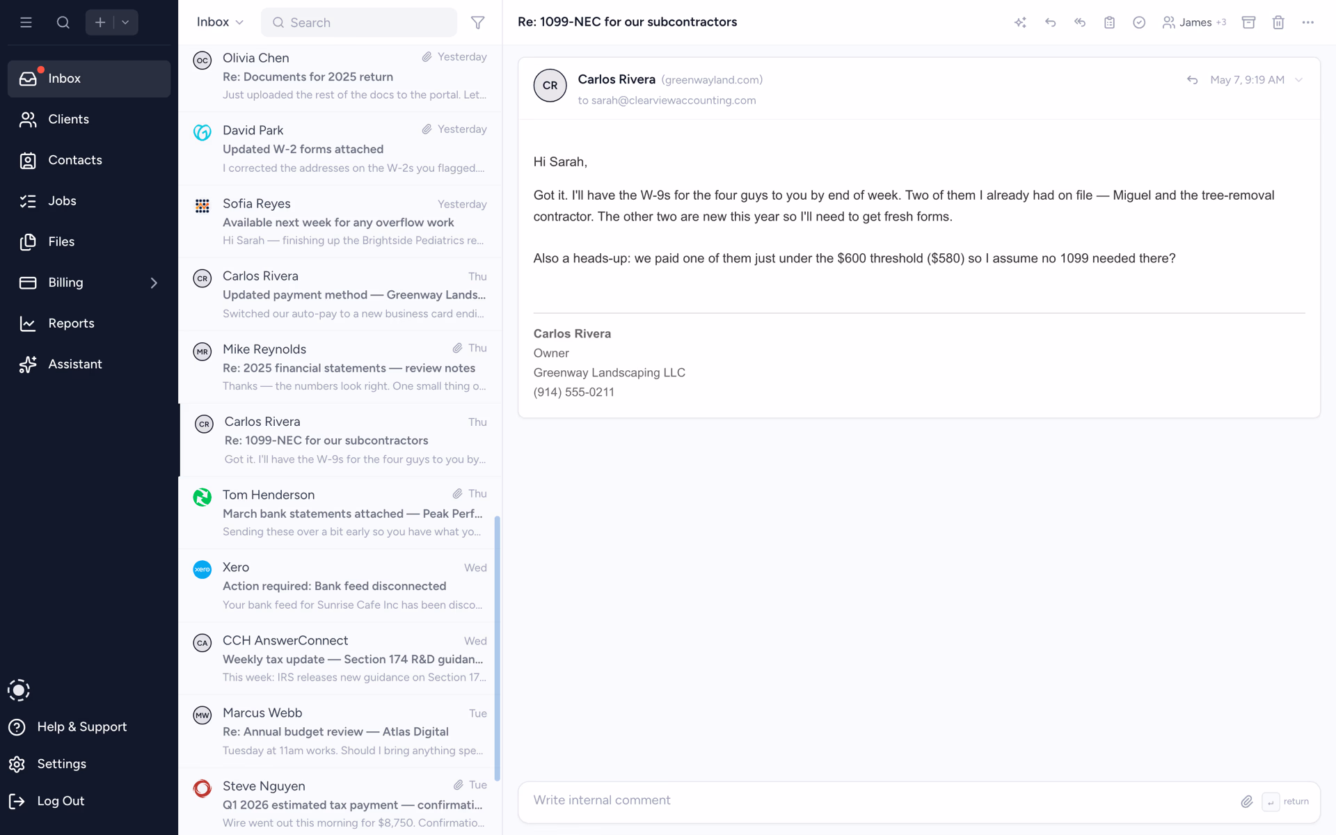 Internal team comments on an email thread