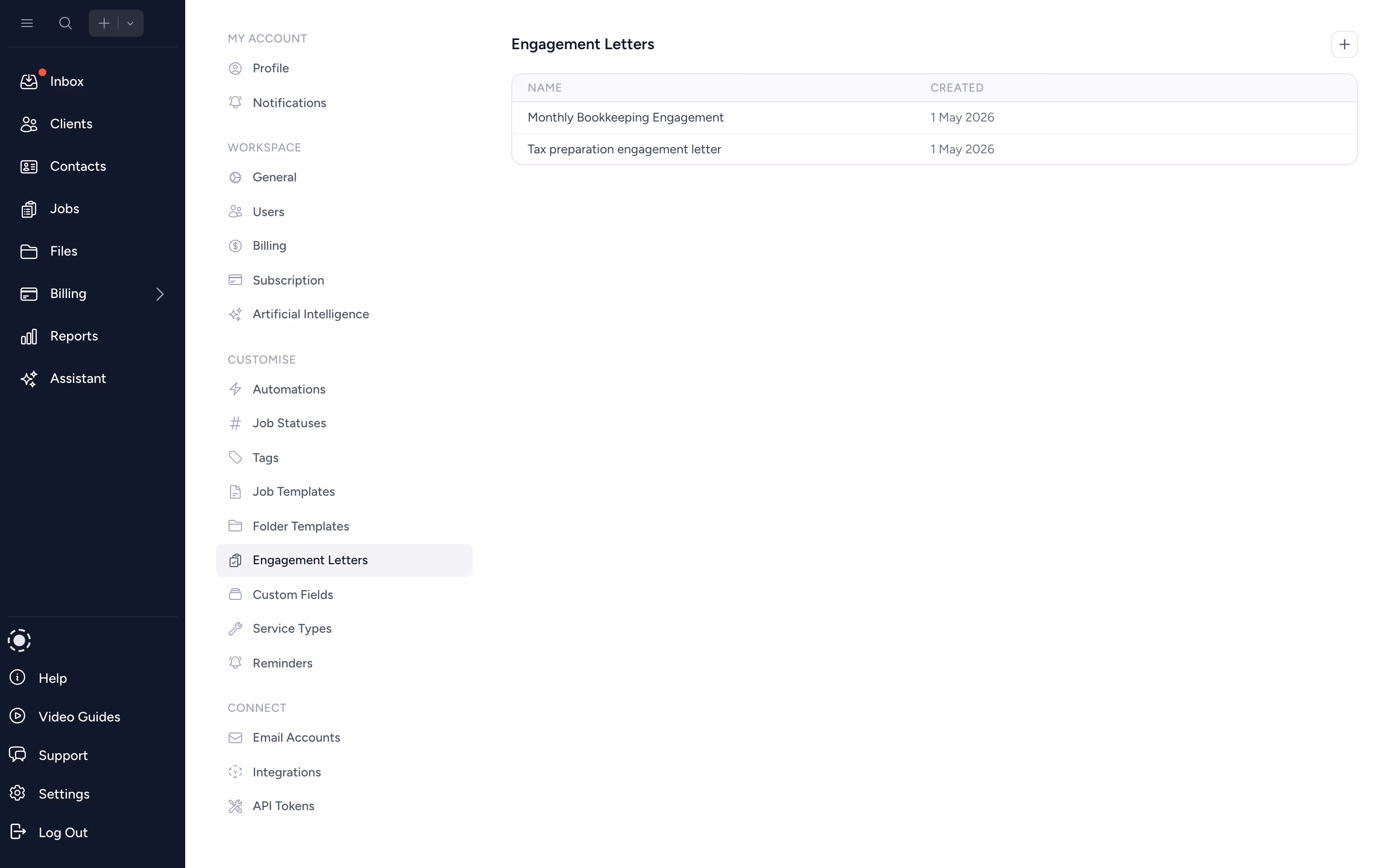 Engagement letters configured in Settings