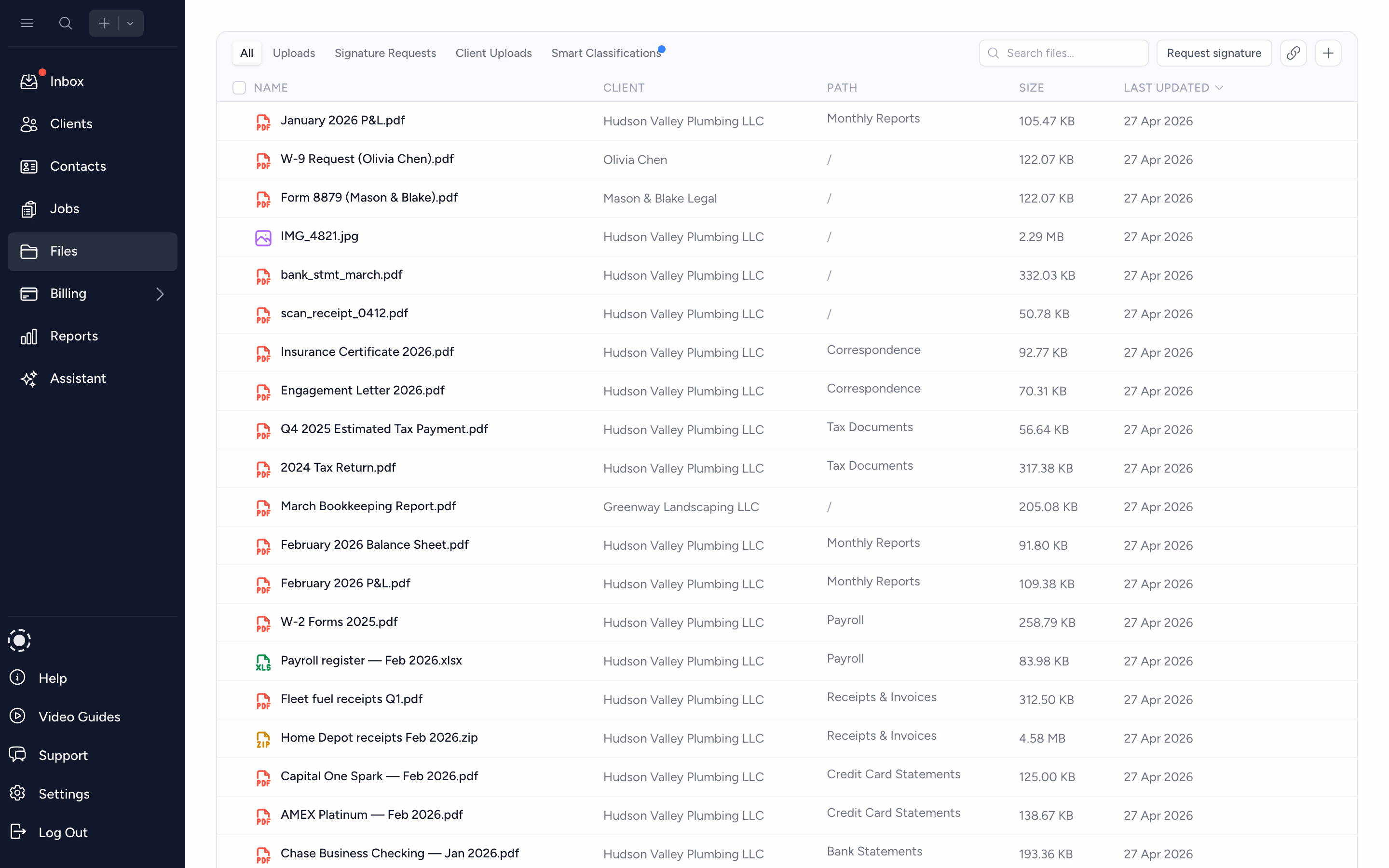 Tidyflow file browser, with per-client folders and search across the firm