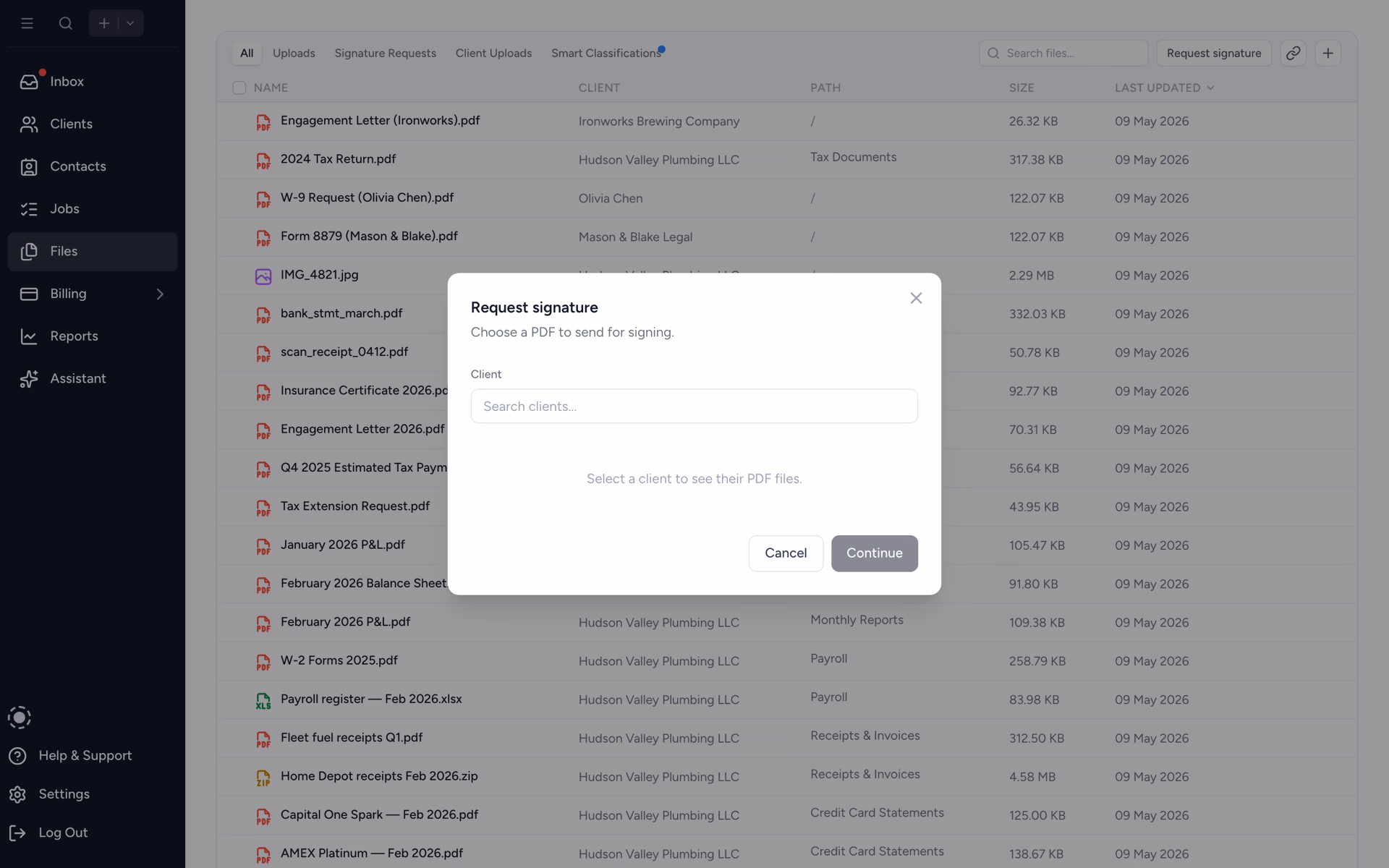 Request signature modal launched from a client file