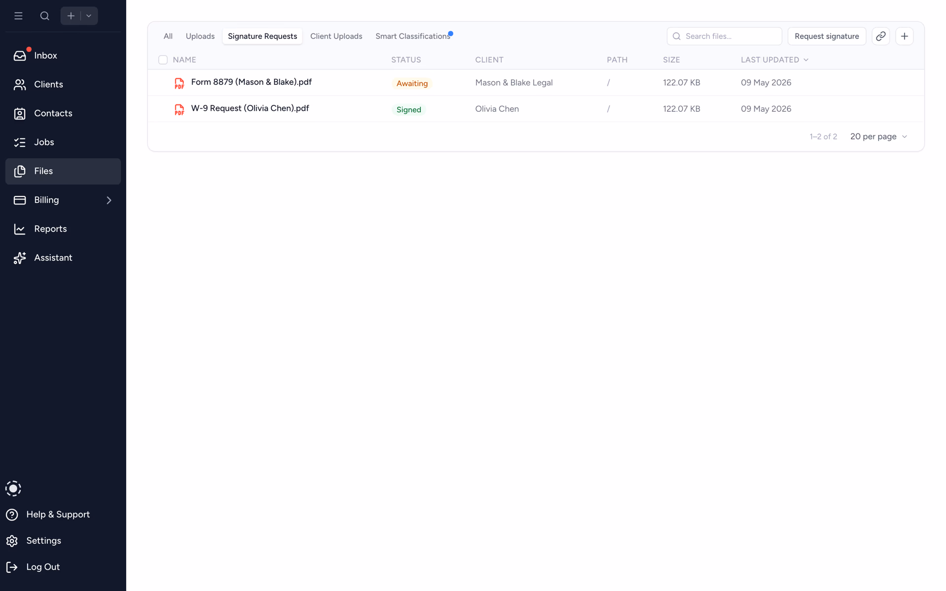Signature request status across a client's files