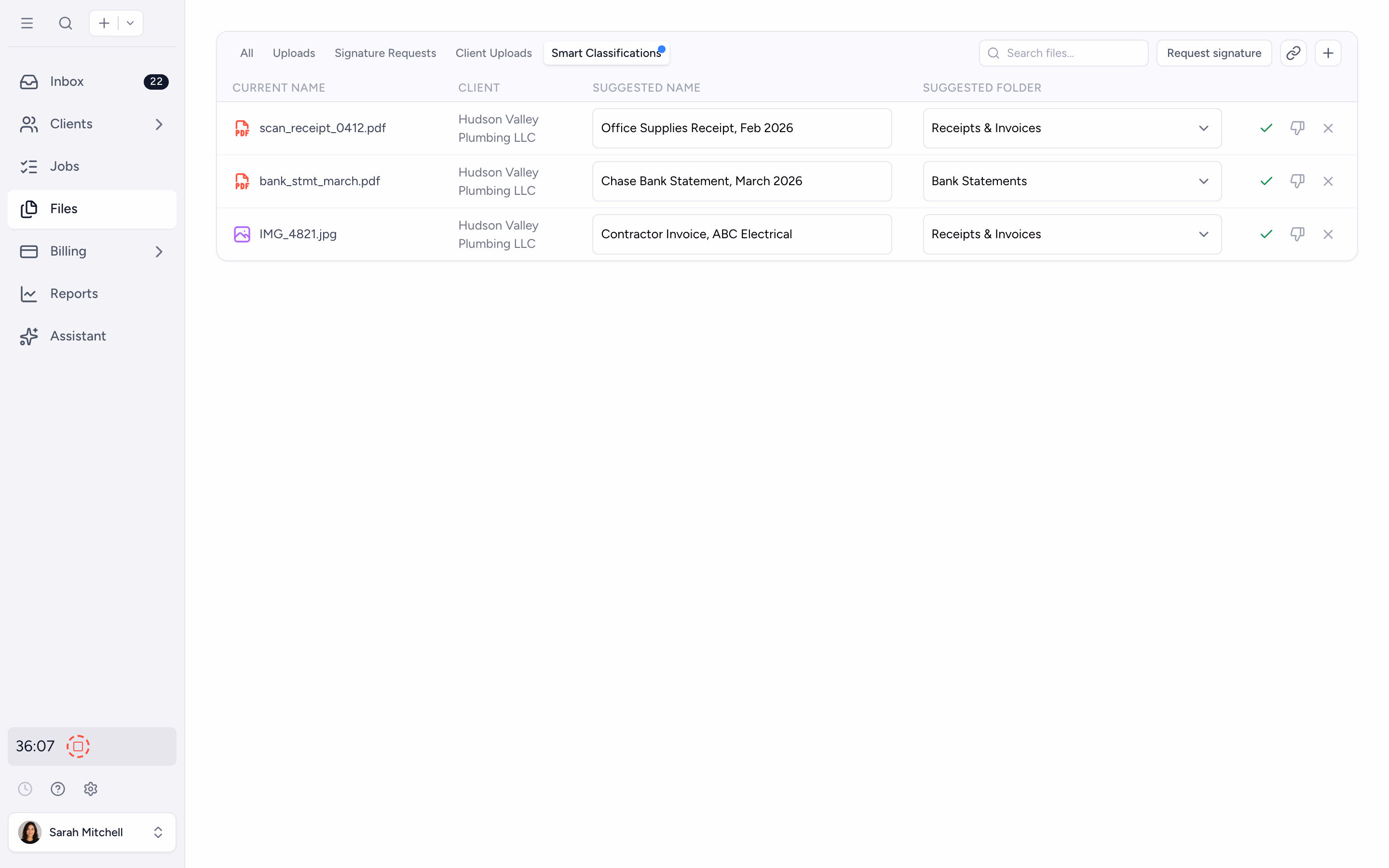 Tidyflow Smart Classification queue, with AI-suggested names and folders for client uploads