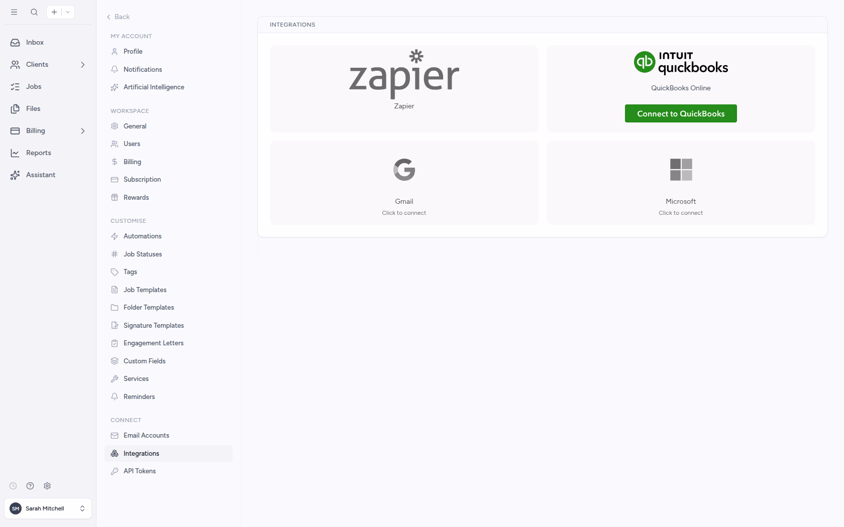 Tidyflow integrations settings showing the QuickBooks Online connection