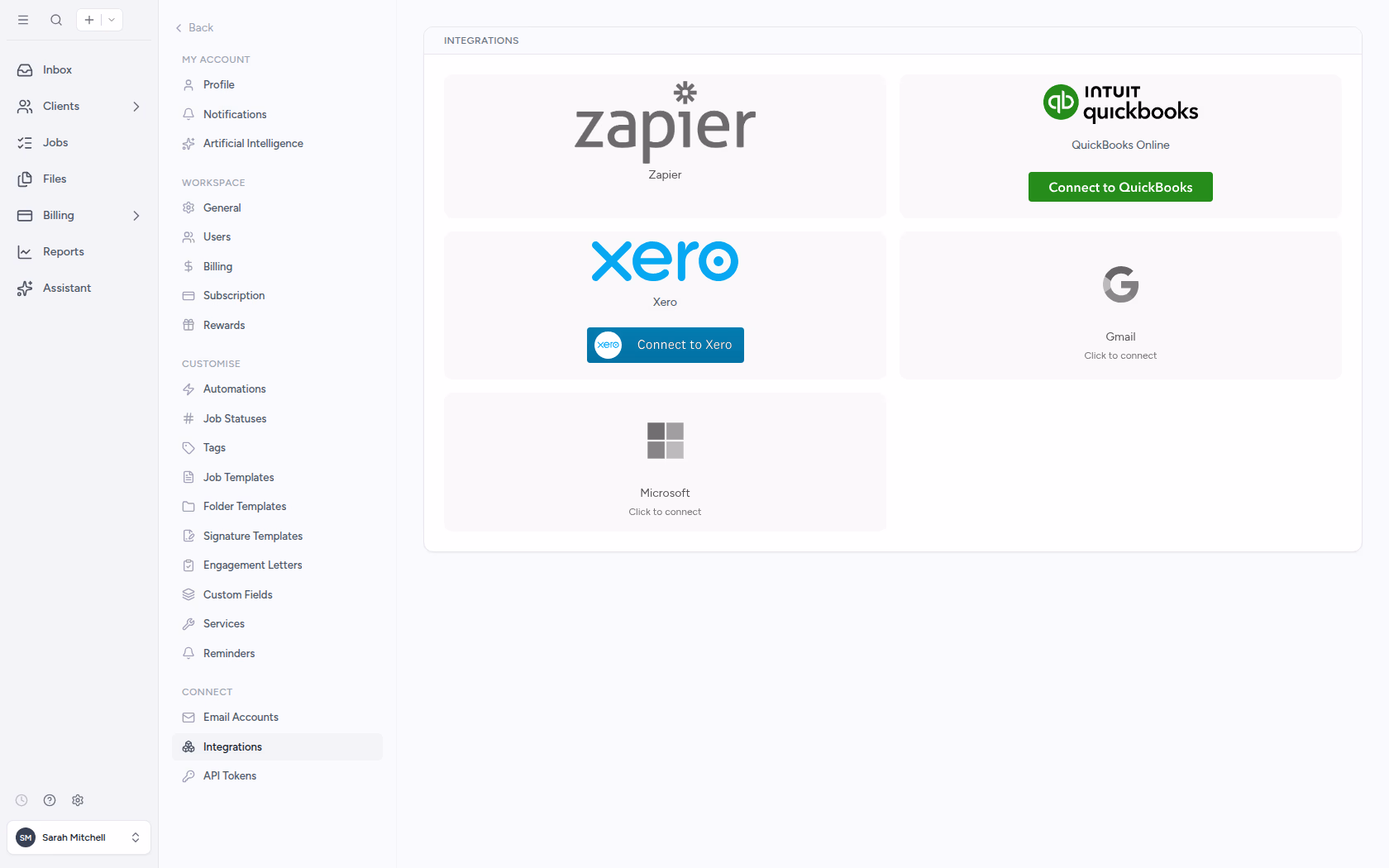 Tidyflow integrations settings: Xero, QuickBooks Online, Stripe, Zapier
