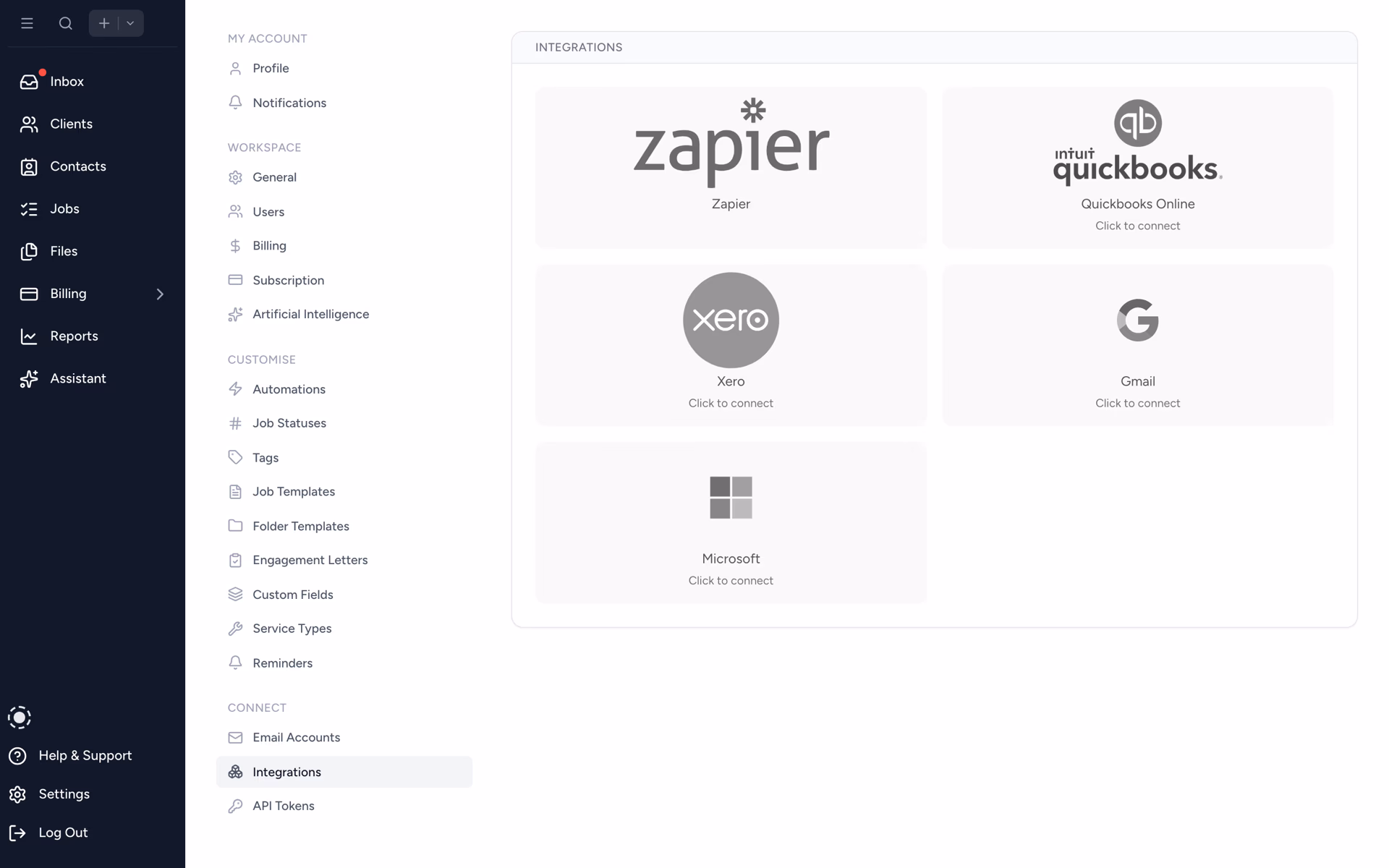 Tidyflow integrations settings: Xero, QuickBooks Online, Stripe, Zapier