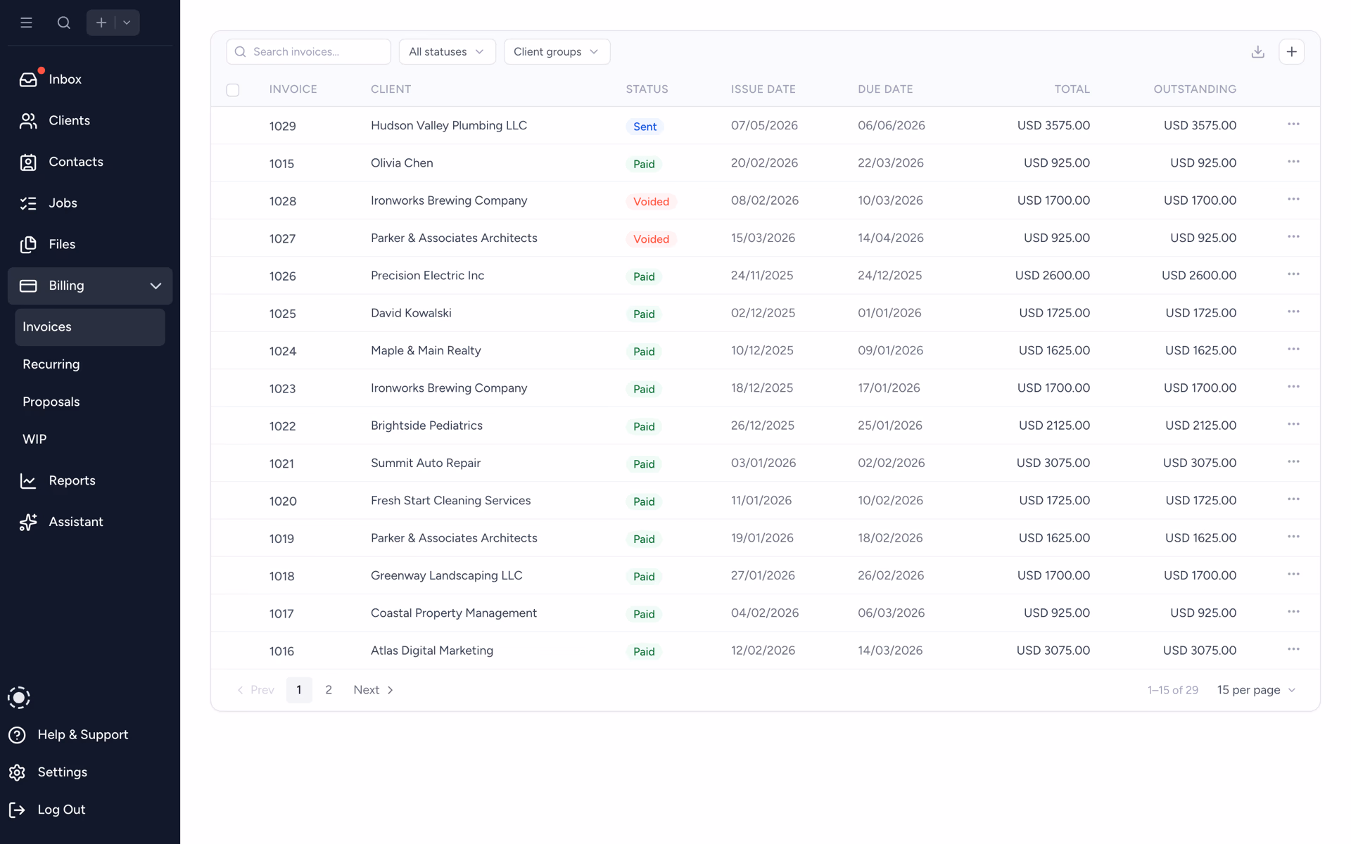 Tidyflow invoice list with paid, sent, and draft statuses