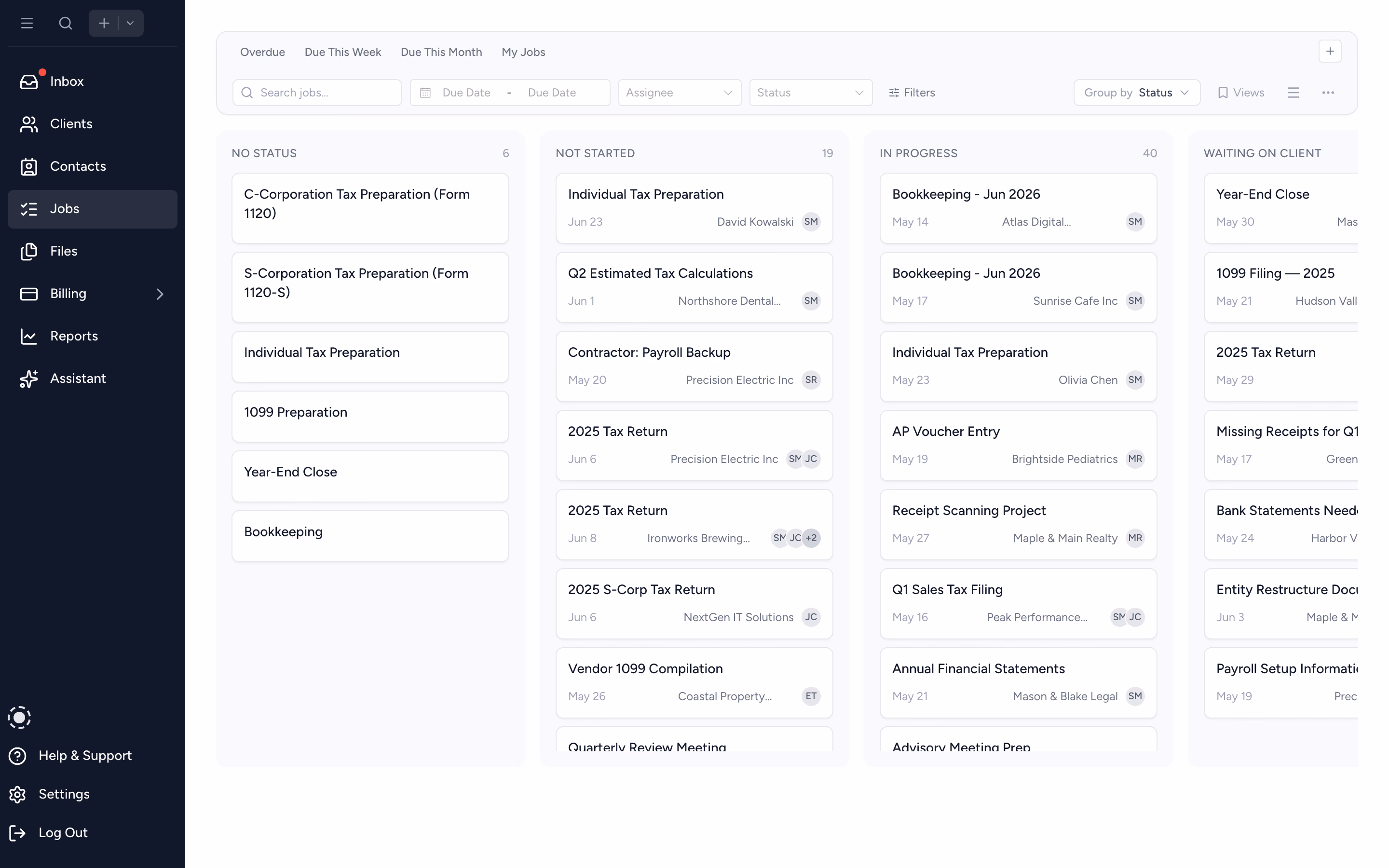 Tidyflow job board view, showing the rolling rhythm of monthly close work