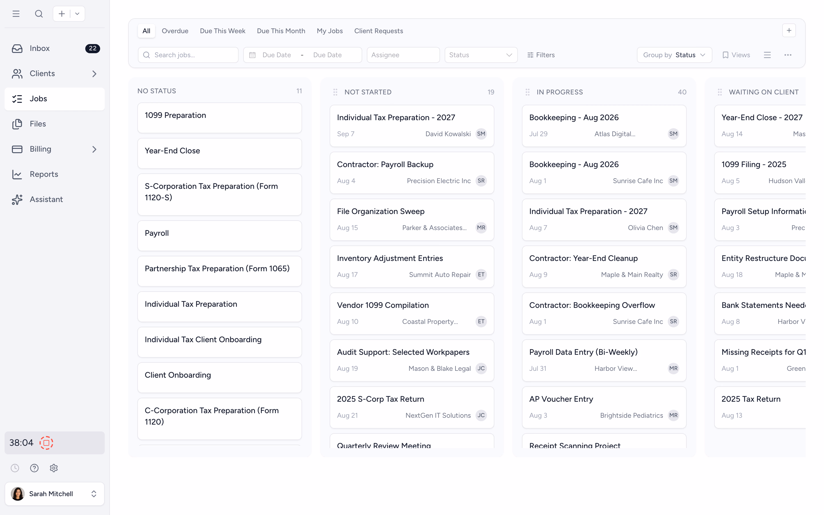 Tidyflow job board with staff assignments, due dates and status columns