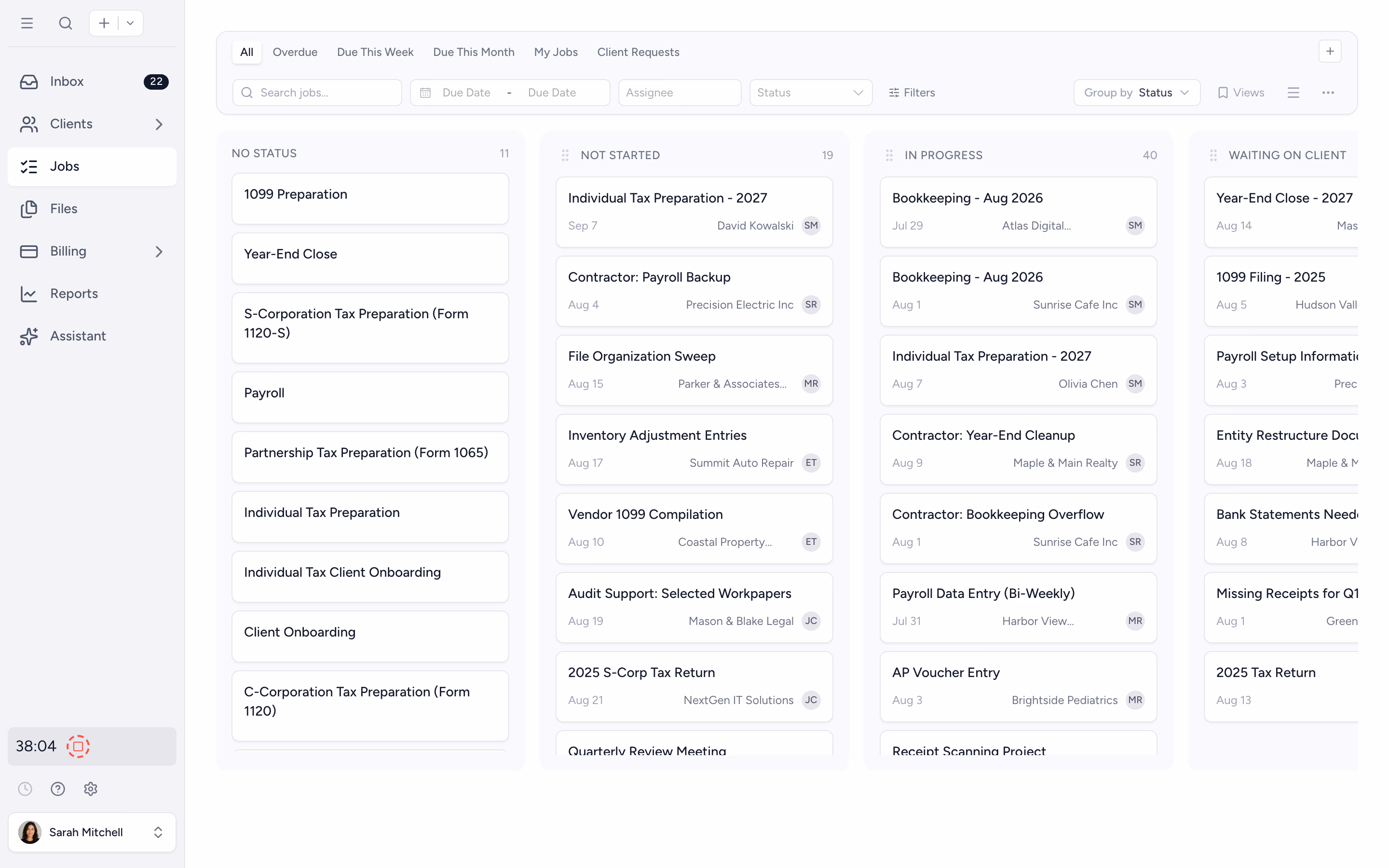 Tidyflow job board view, showing the rolling rhythm of monthly close work