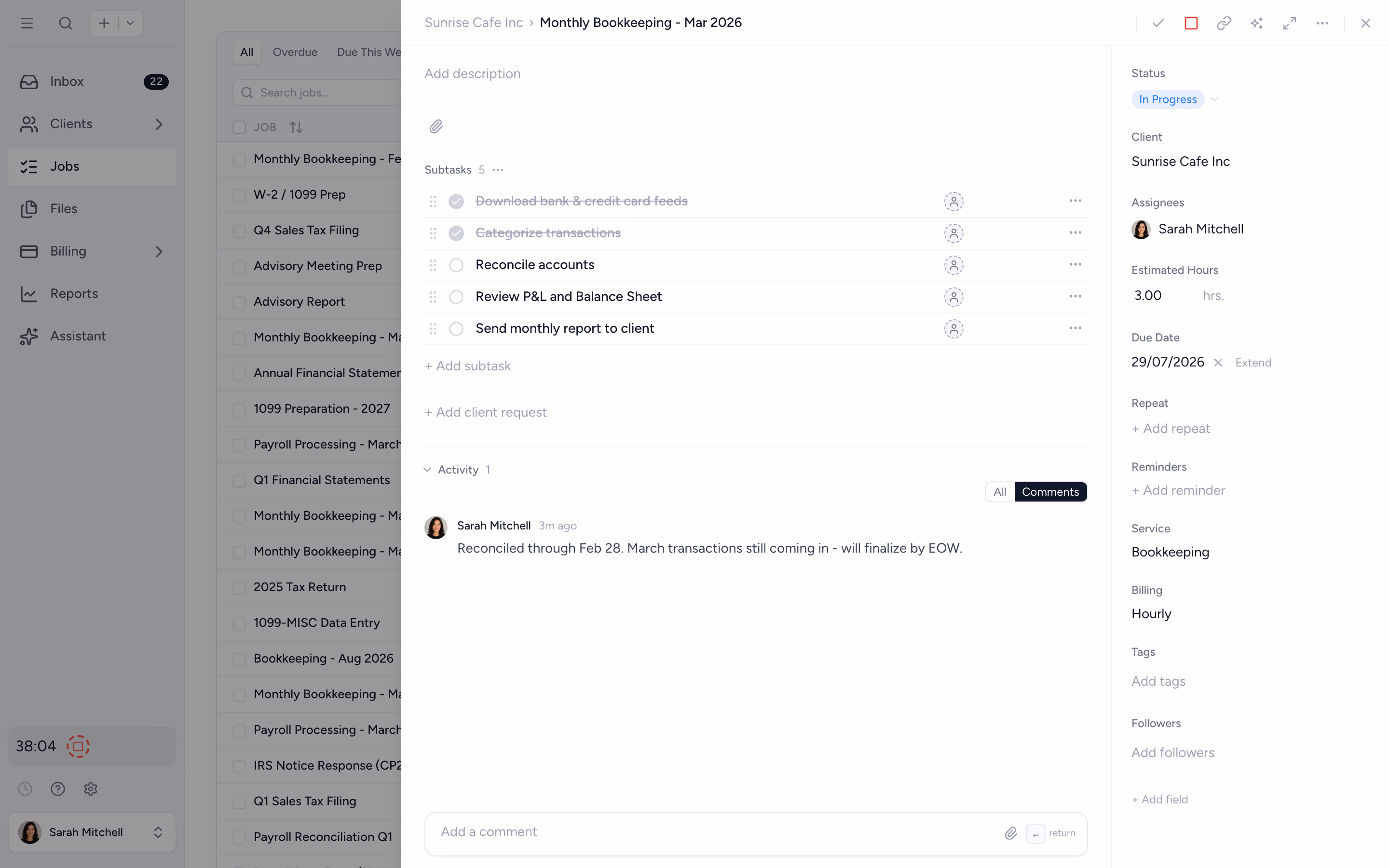 A Tidyflow job with its checklist, assignees, and activity feed where an agent reports back
