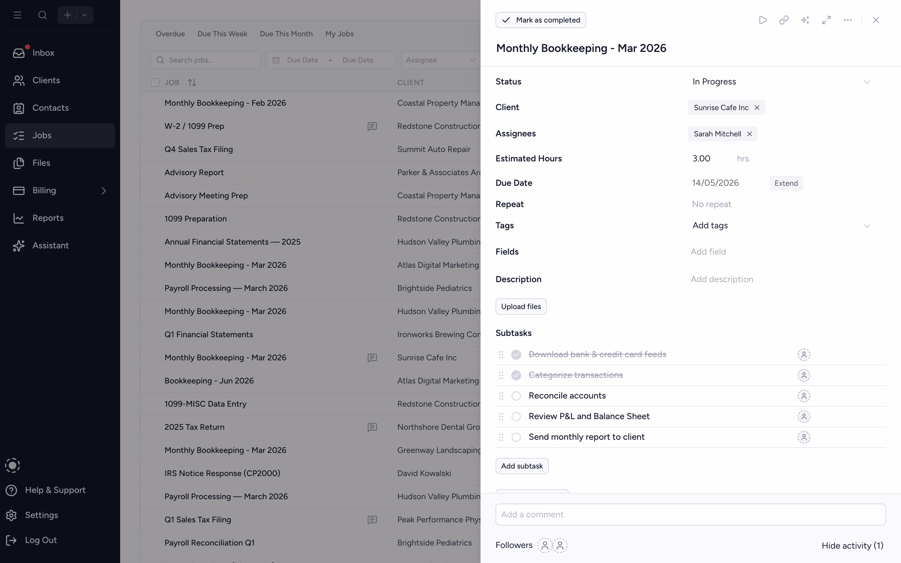 Tidyflow job detail view, with owners, due date, files, and status all on one screen