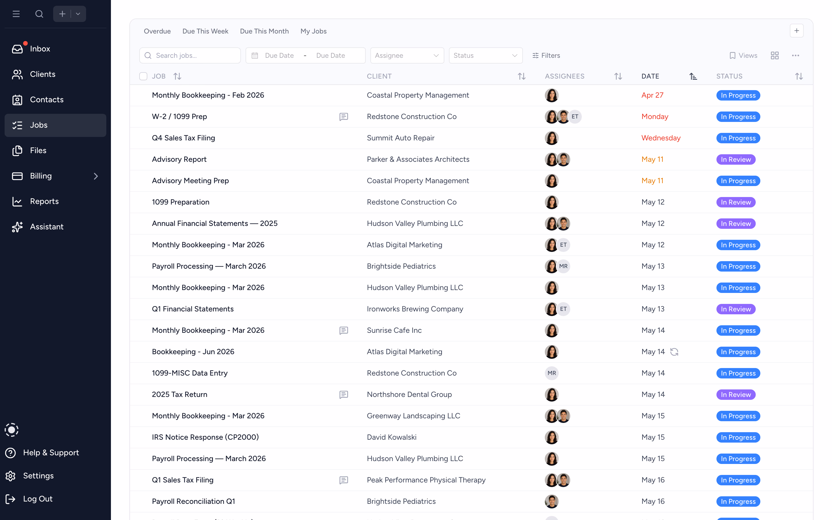 Tidyflow job list with workflows, owners, statuses, and due dates in one view