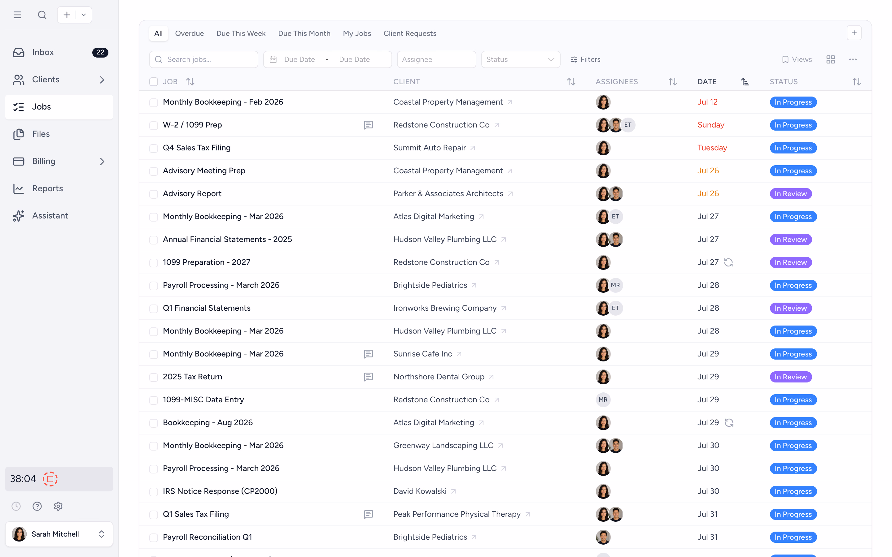 Tidyflow job list ready to work minutes after signup, with every client engagement in one filterable view