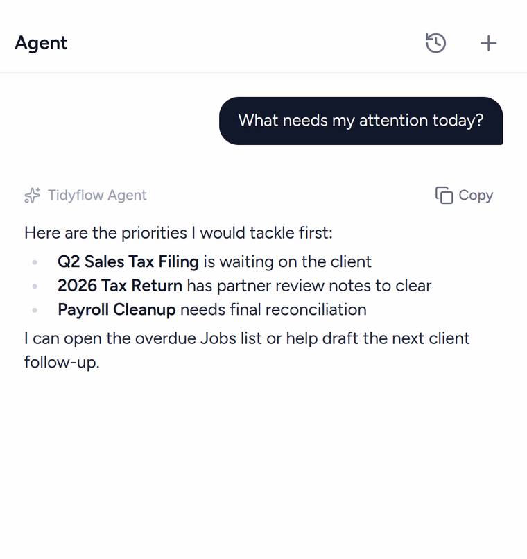 Tidyflow Agent answering on an iPhone with the day's priorities