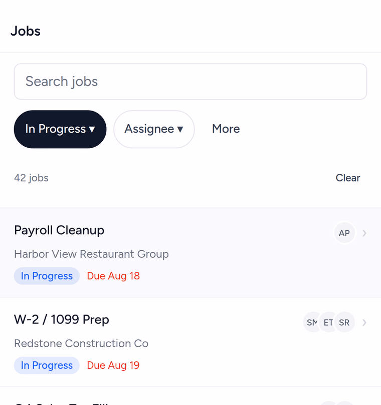 The Tidyflow Jobs list filtered to in-progress work on a phone