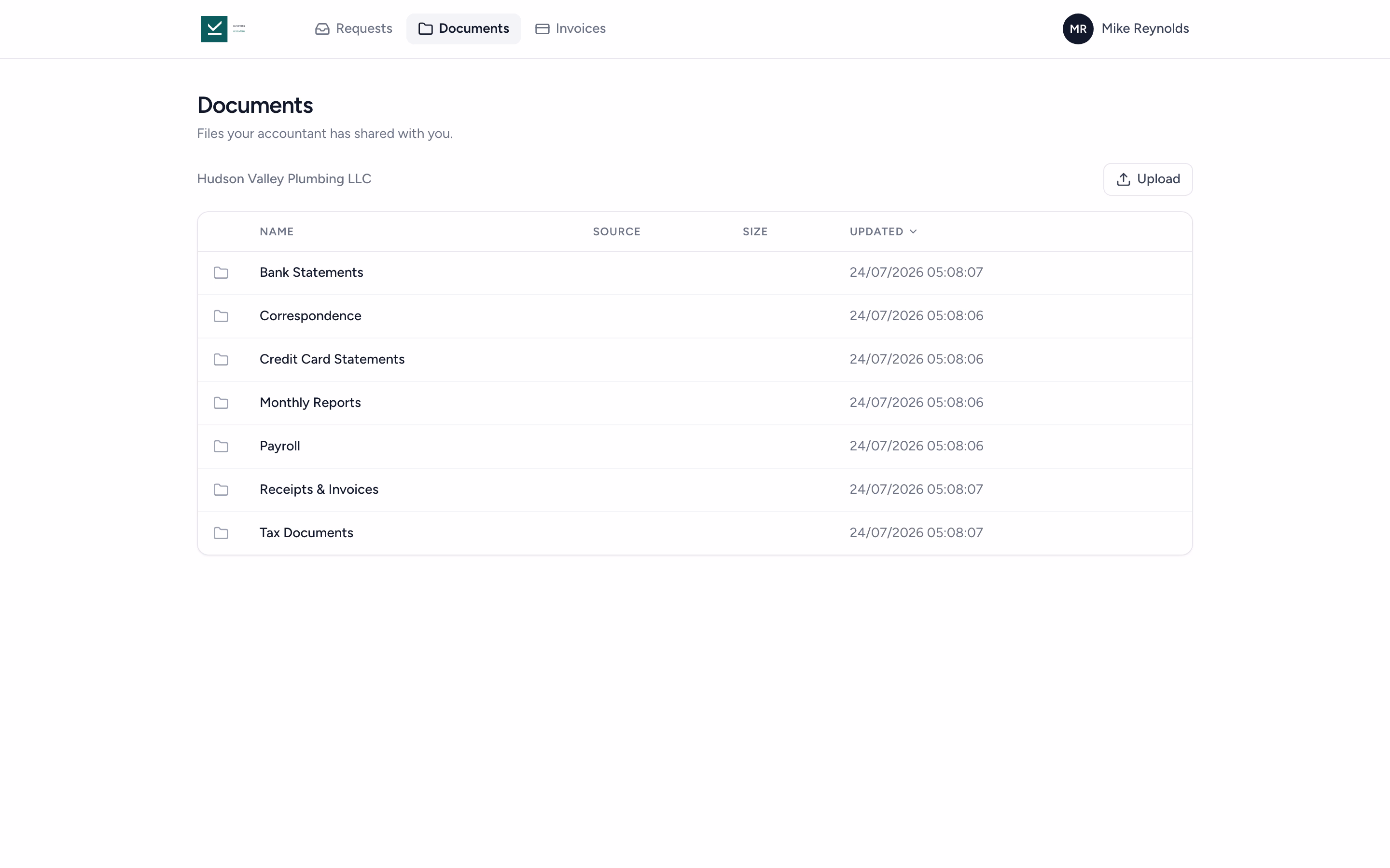 Client portal showing a folder structure of organized accounting documents that clients can self-serve