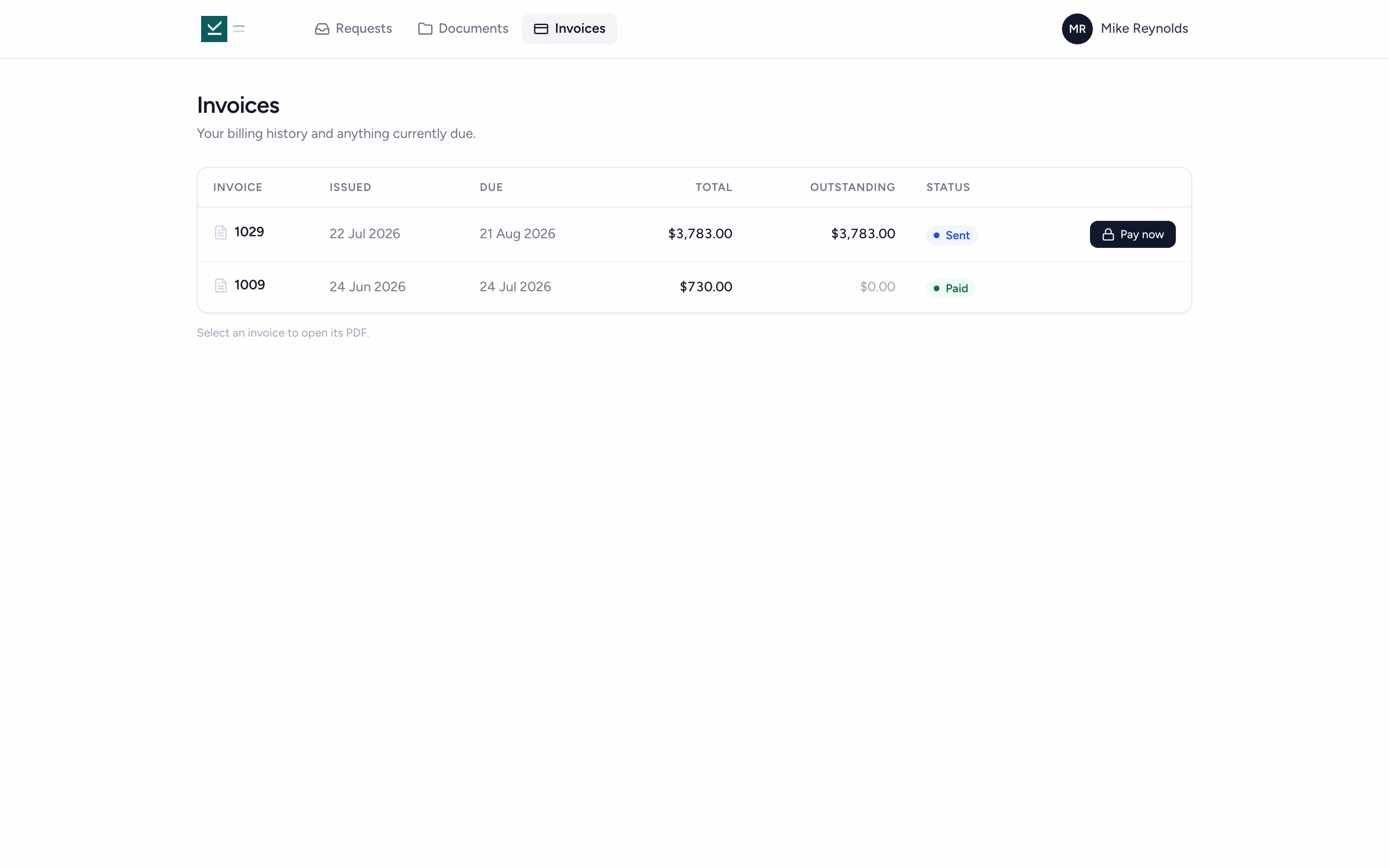 The client portal invoices tab listing invoices with totals, outstanding amounts, and a Pay now button