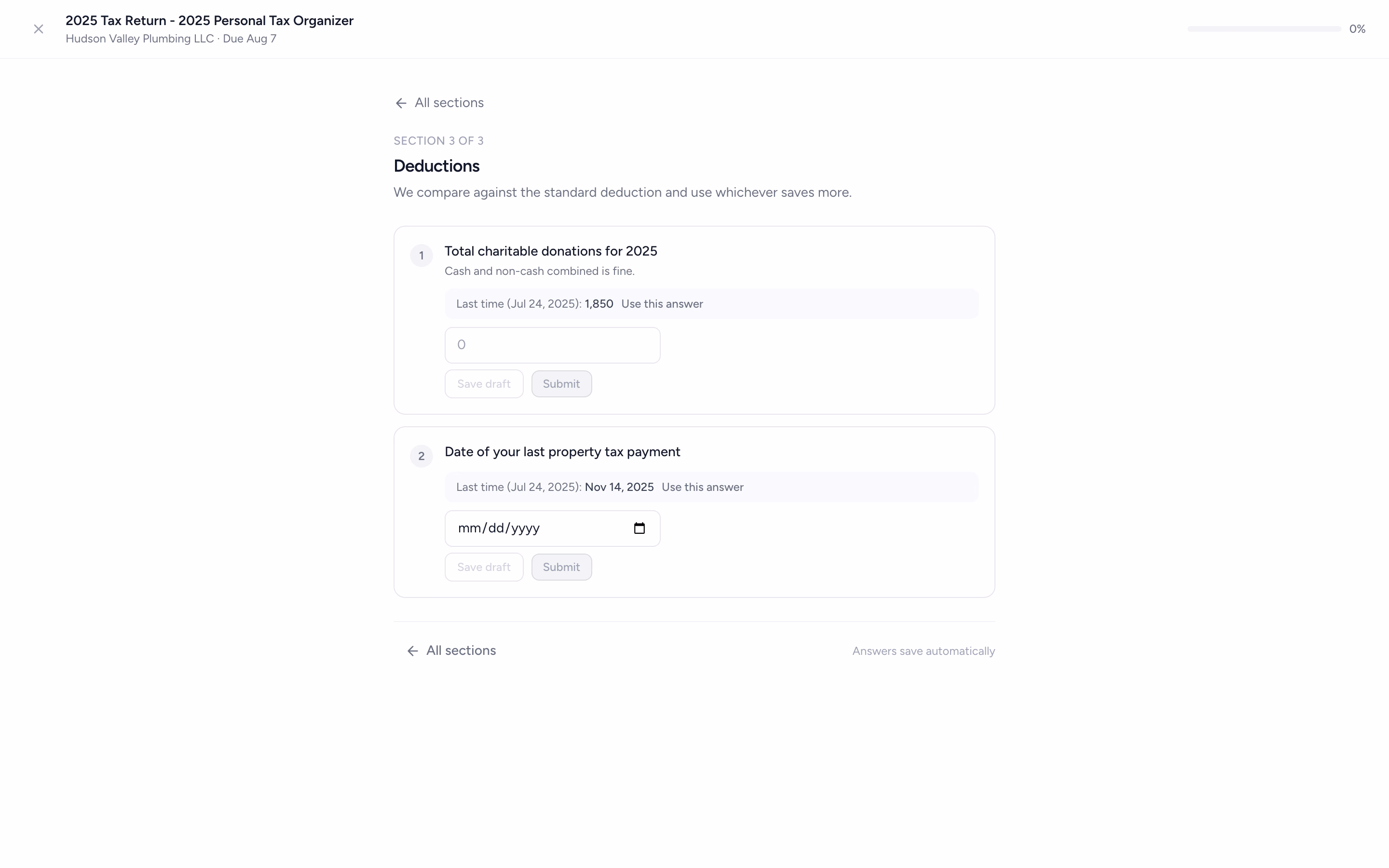 An organizer question in the portal showing last year's answer beside it with a one-tap reuse button