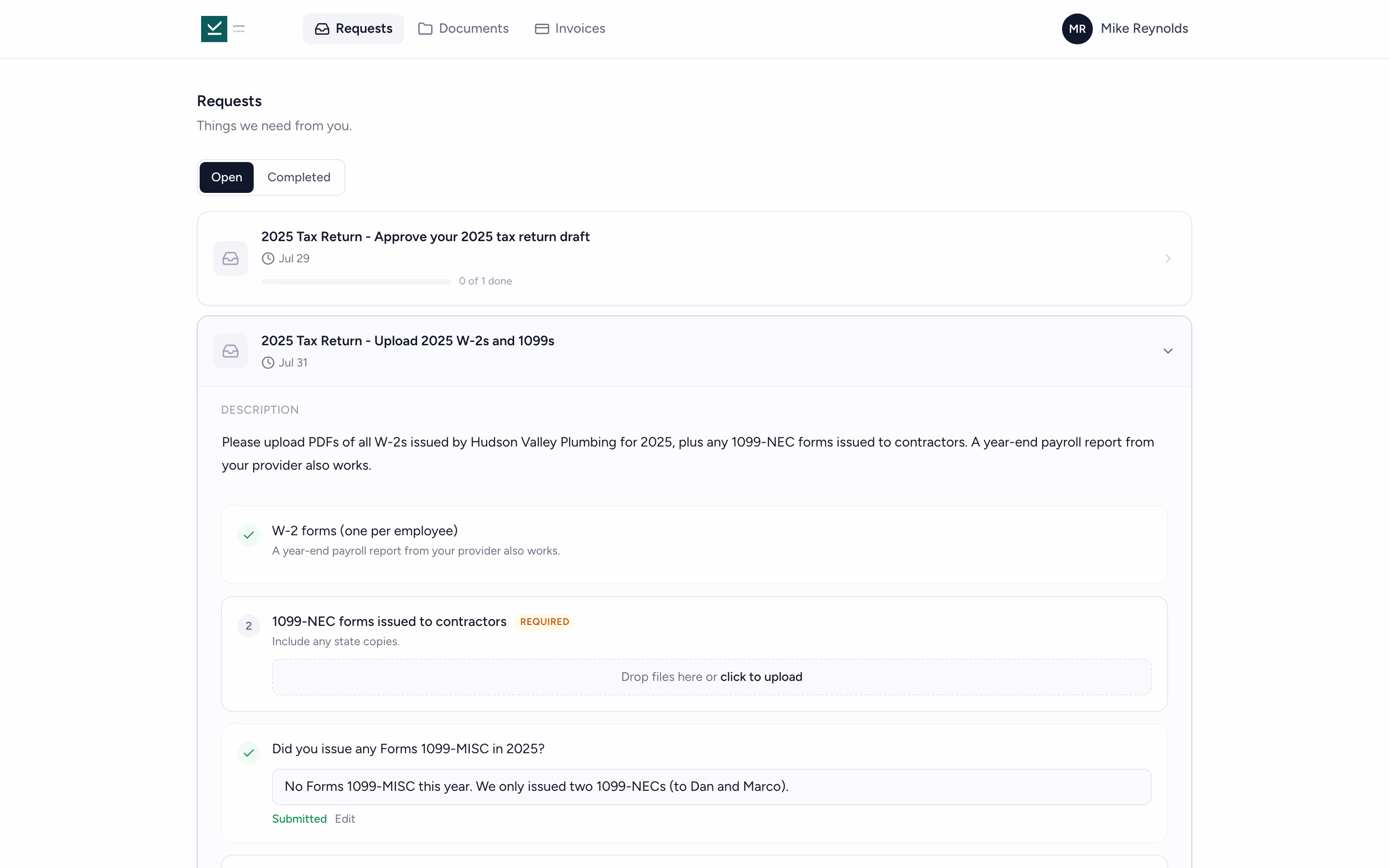 A client request in the portal with document upload items and questions, showing completed and pending status