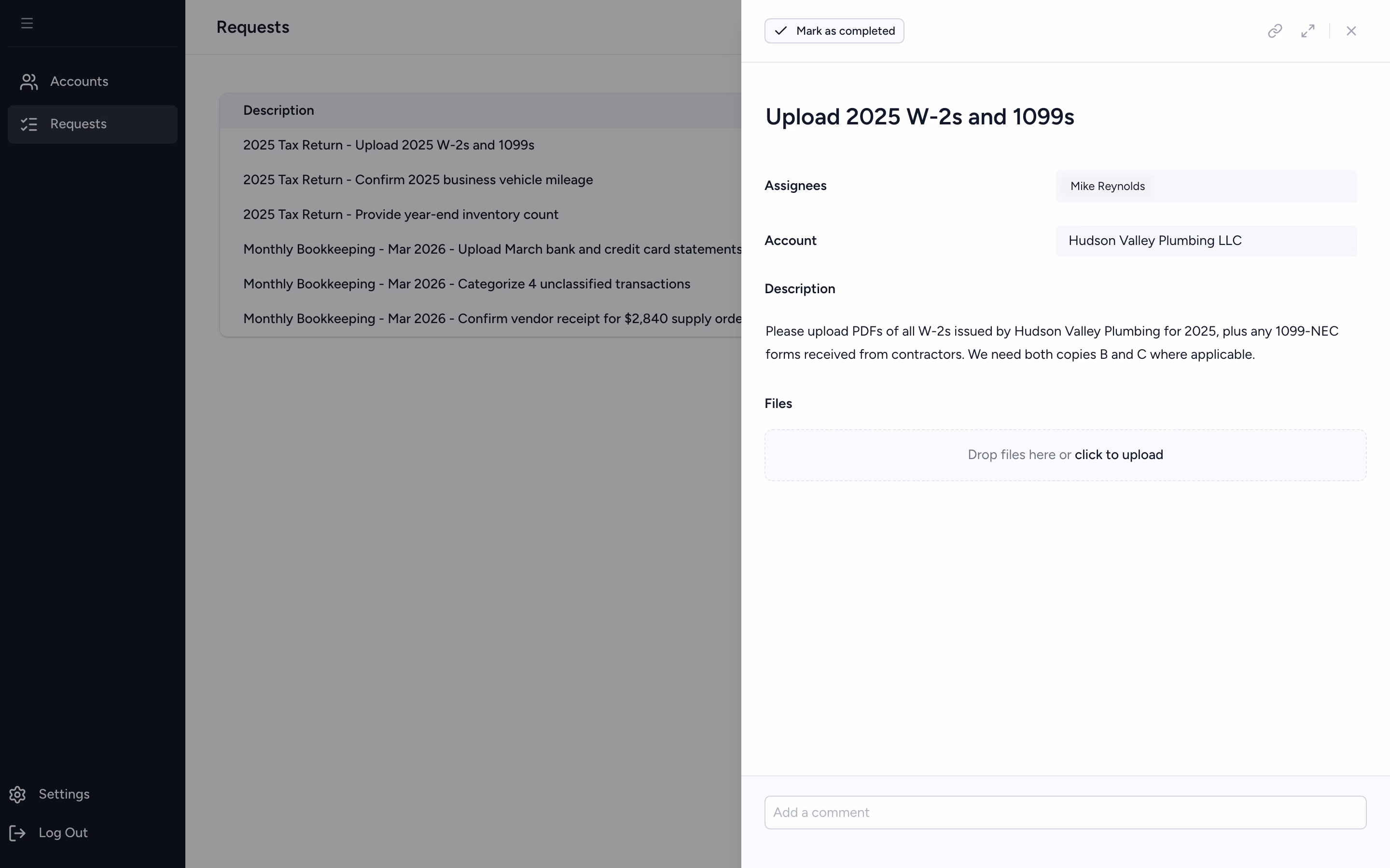 A client opening a request in the portal to upload tax documents, with a description, file drop zone, and comment box