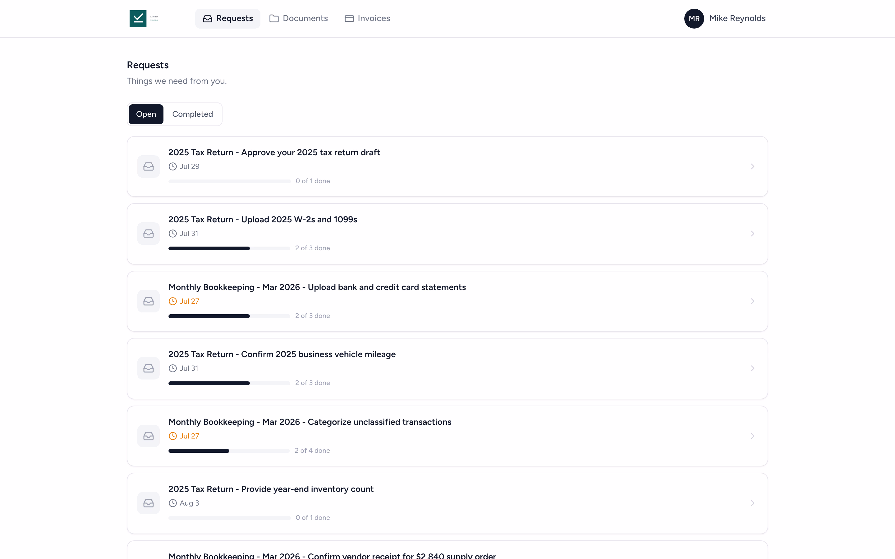 Tidyflow client request with a list of outstanding items and reminder schedule