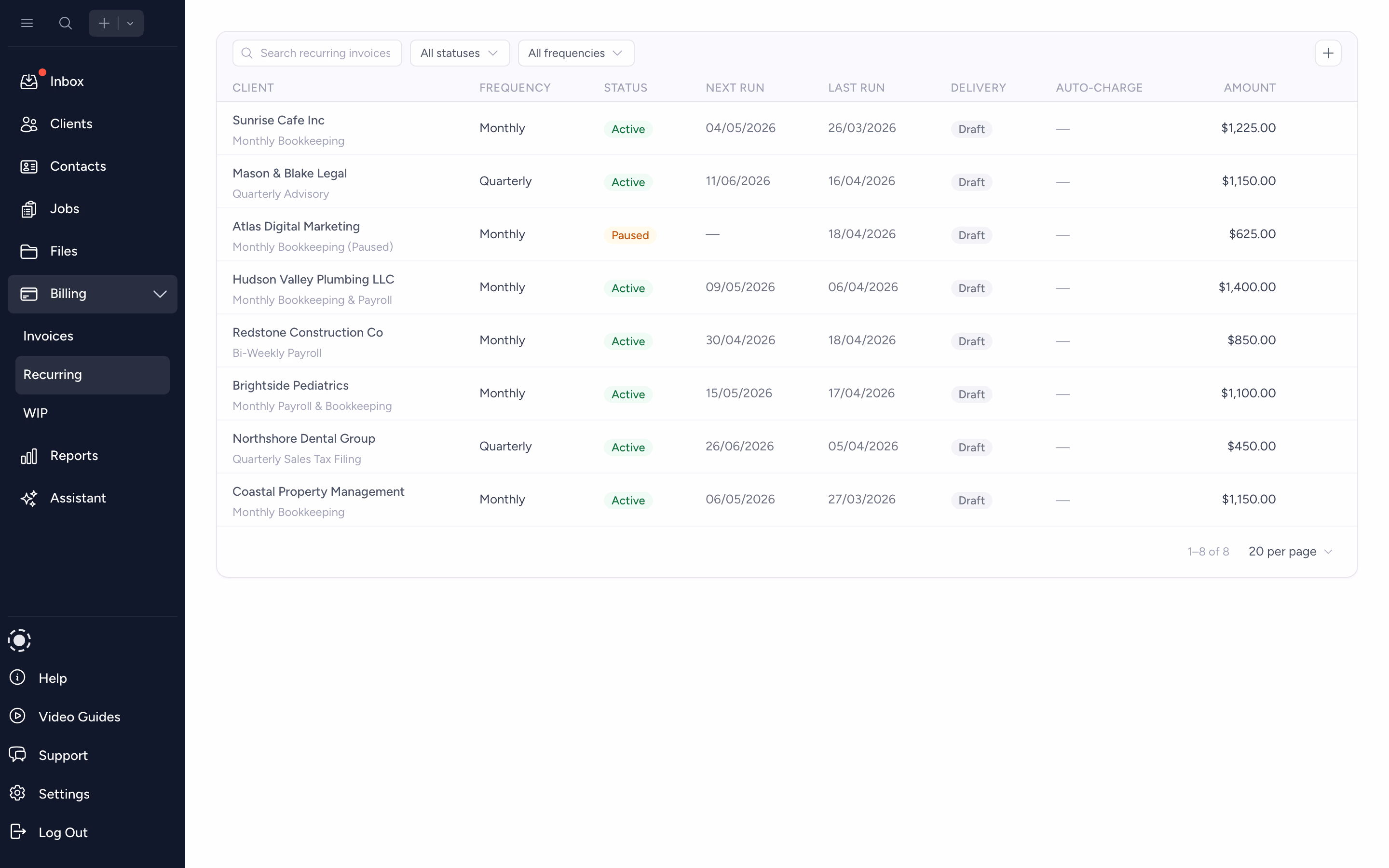 Recurring invoices list with cadence and next billing date