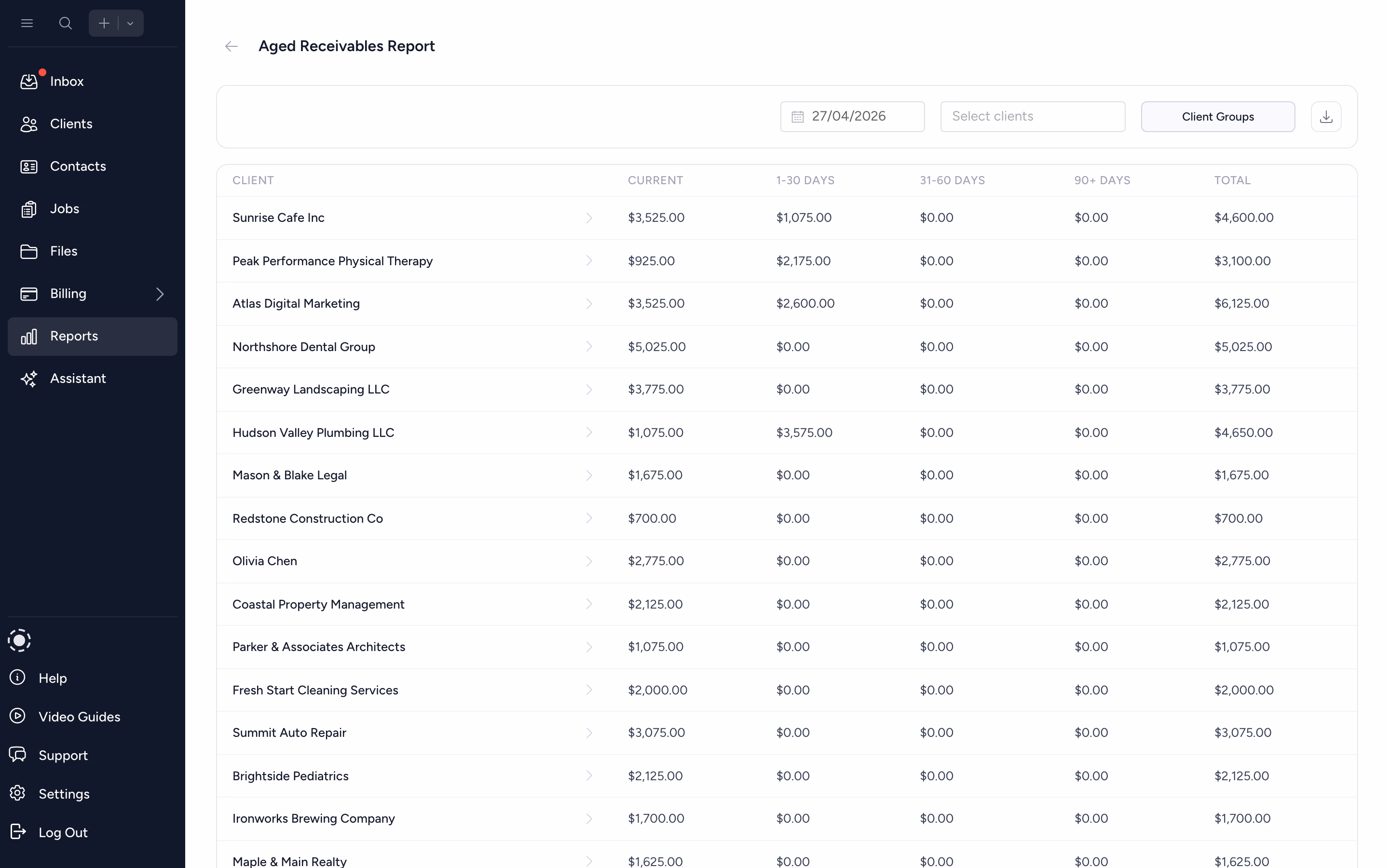 Aged receivables report with bucket totals