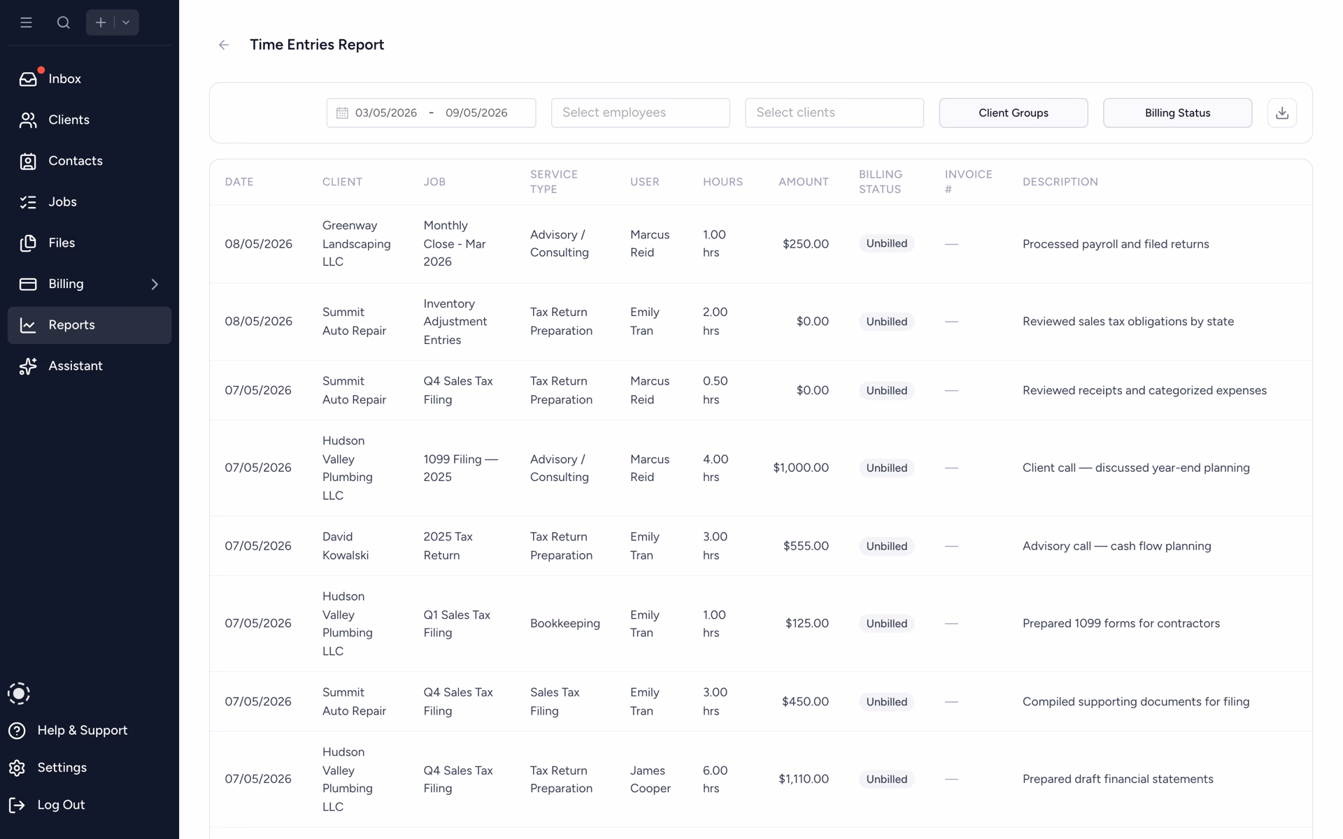 Tidyflow time entries report with billable categorisation