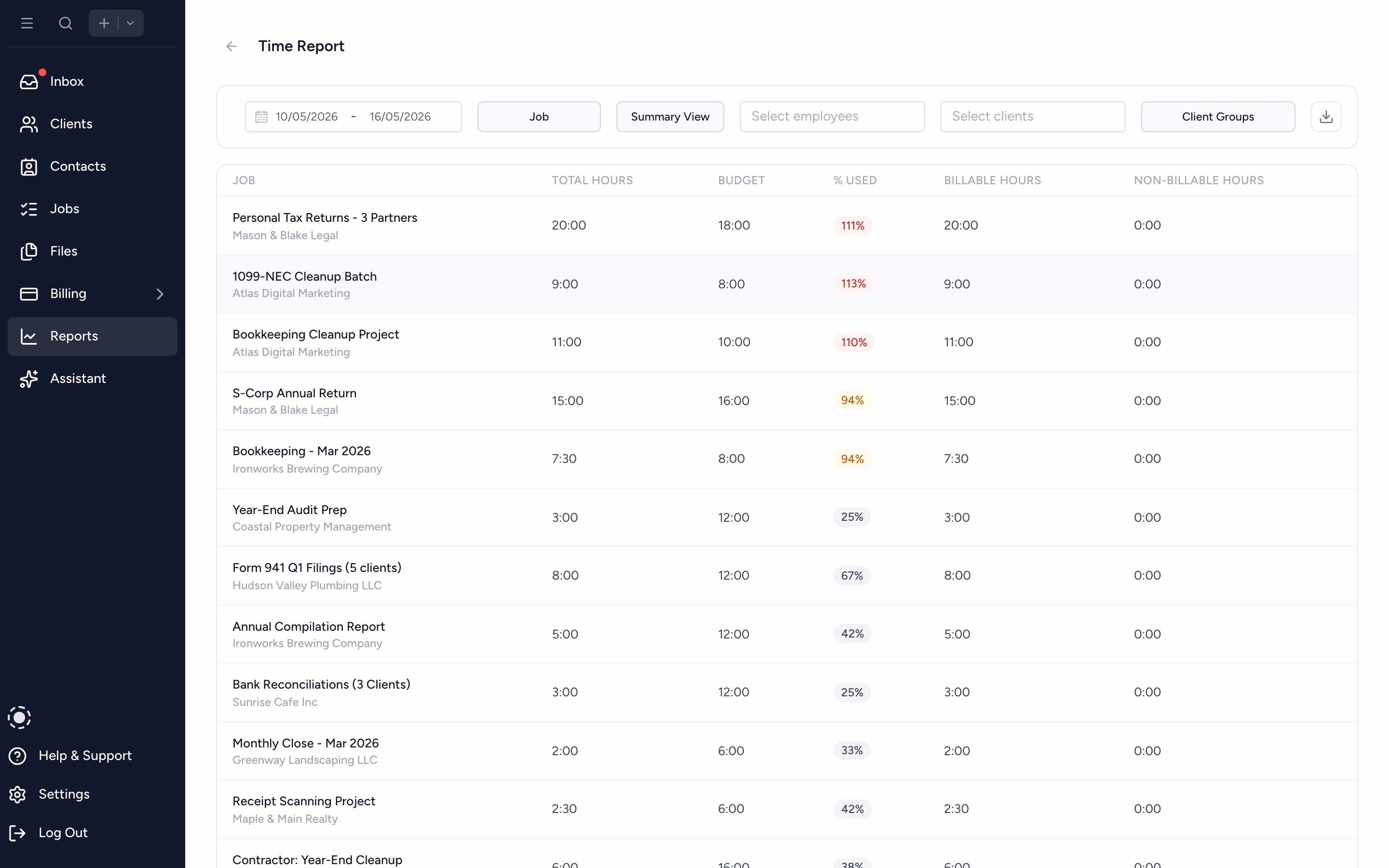 Time Summary report grouped by job with budget and percentage used columns