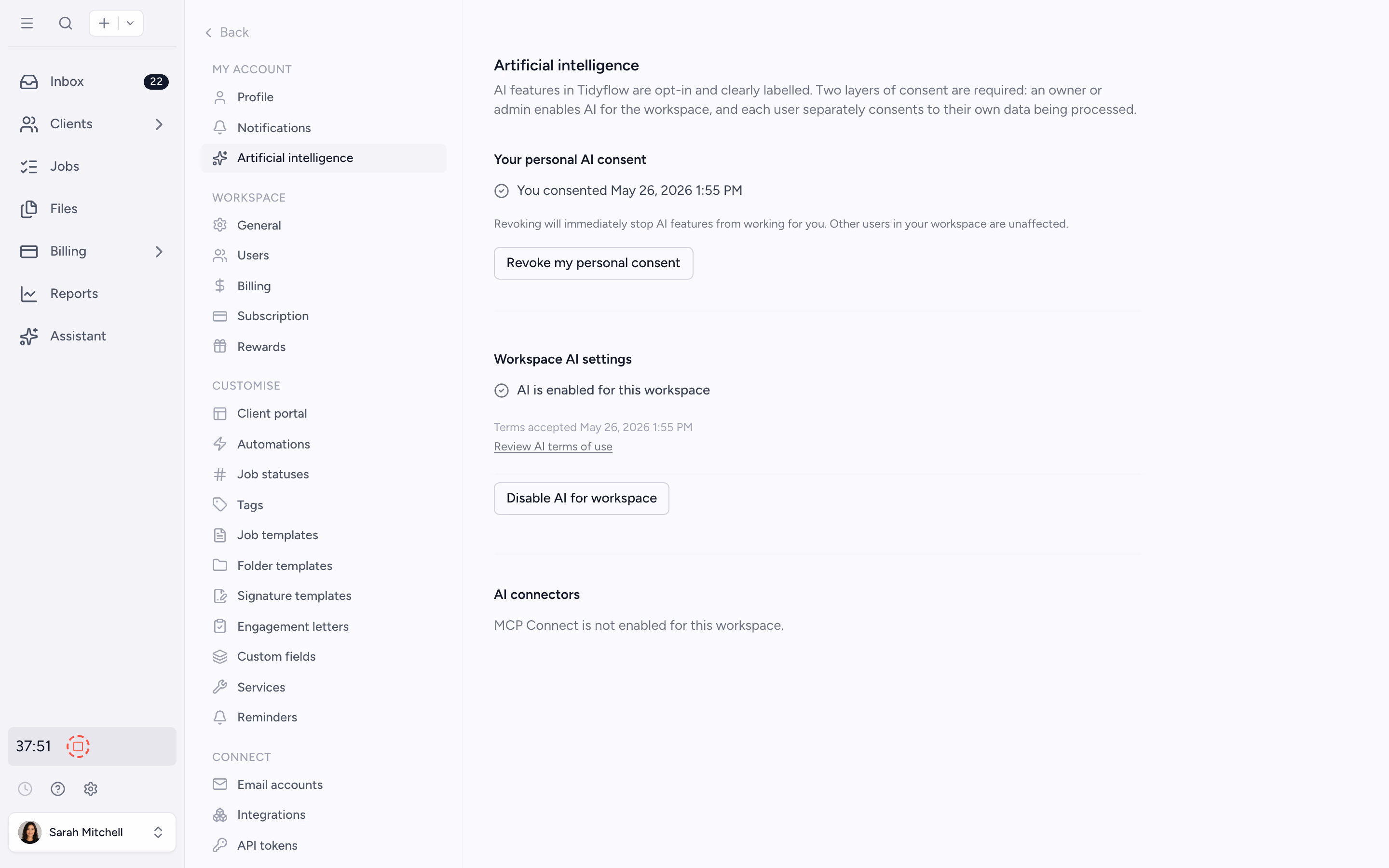 Tidyflow artificial intelligence settings, where a firm manages AI access