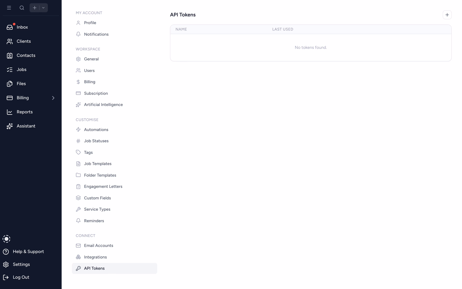 API token settings with scoped firm-level tokens
