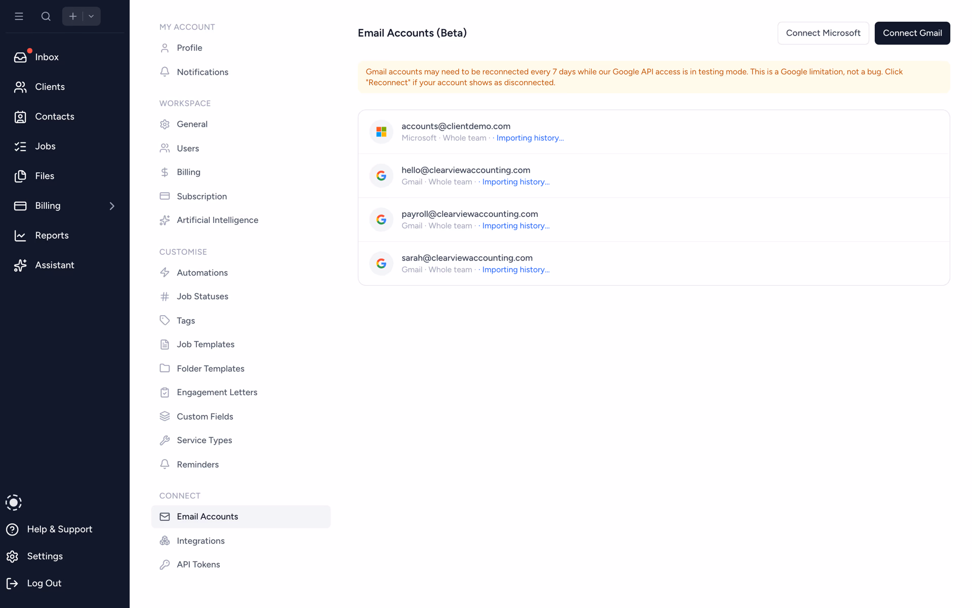Connected email accounts settings