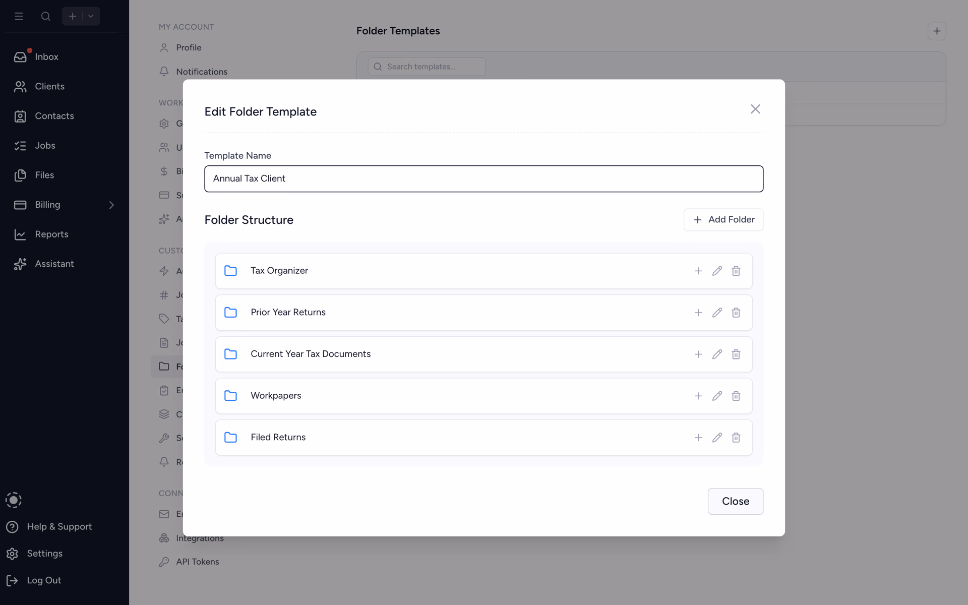 Tidyflow folder templates, defined once and bulk-deployed to clients