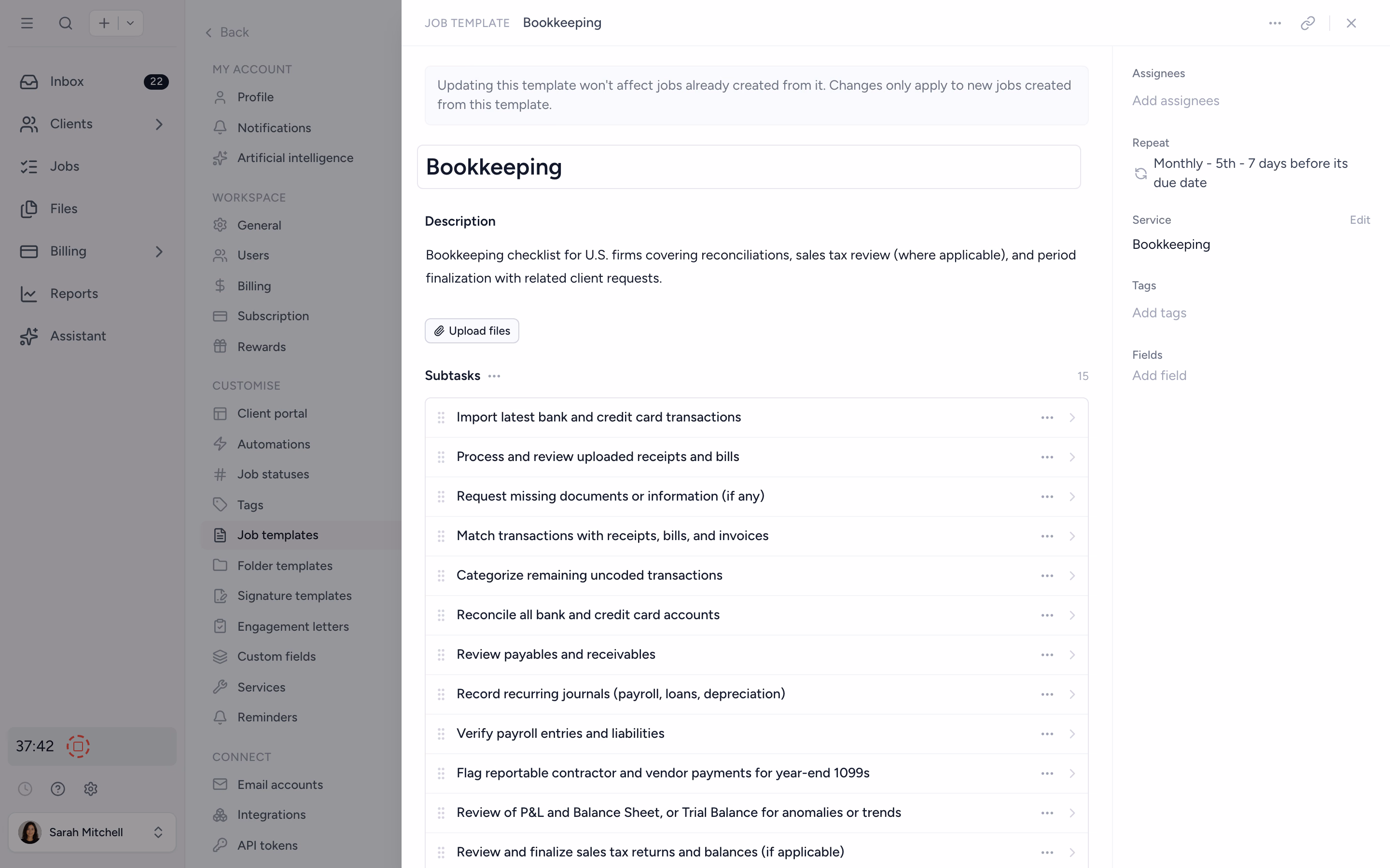 Tidyflow job templates settings, where firms build the tax-return template once