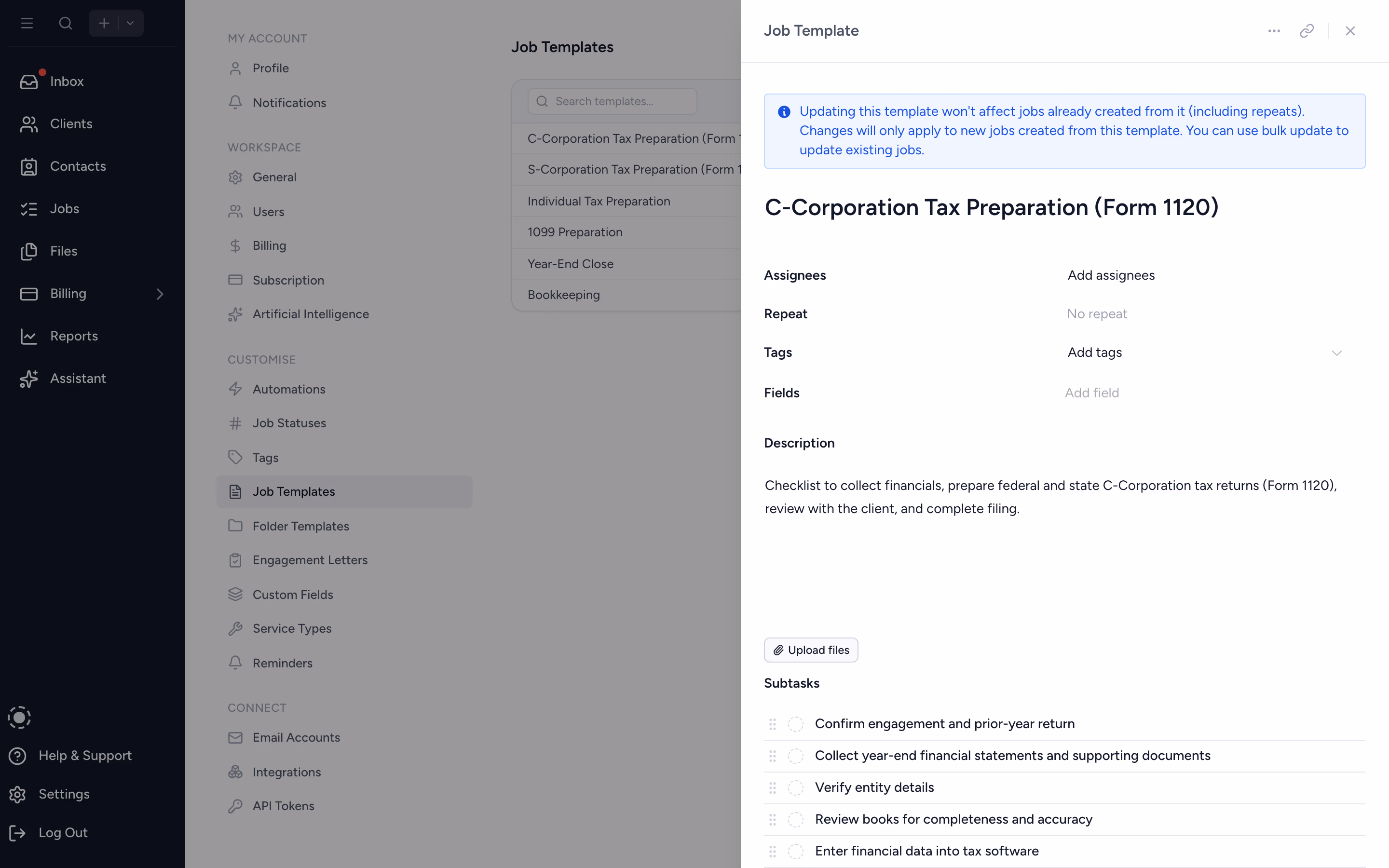 Tidyflow job templates settings, where firms build the tax-return template once