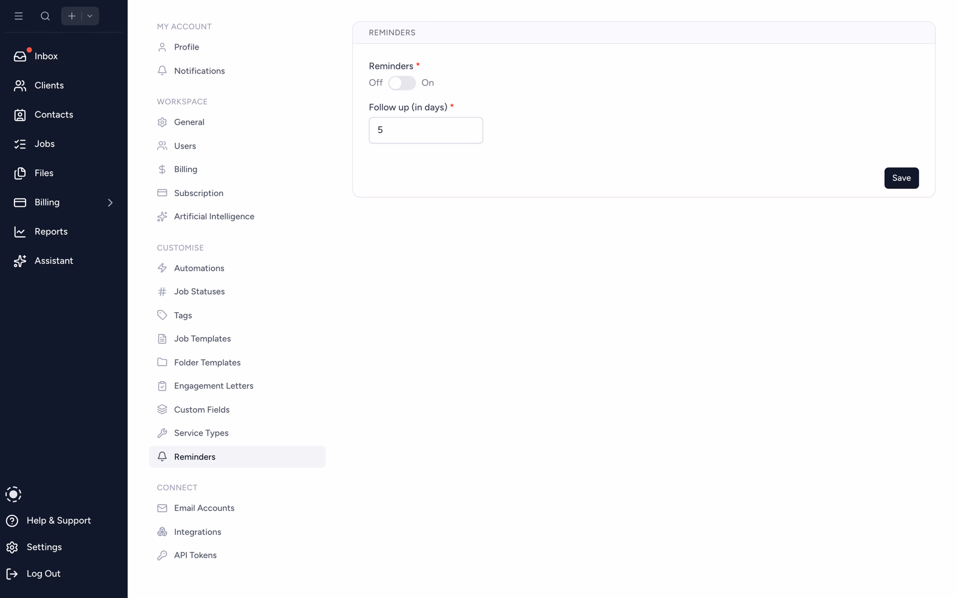 Tidyflow reminder settings for clients and staff