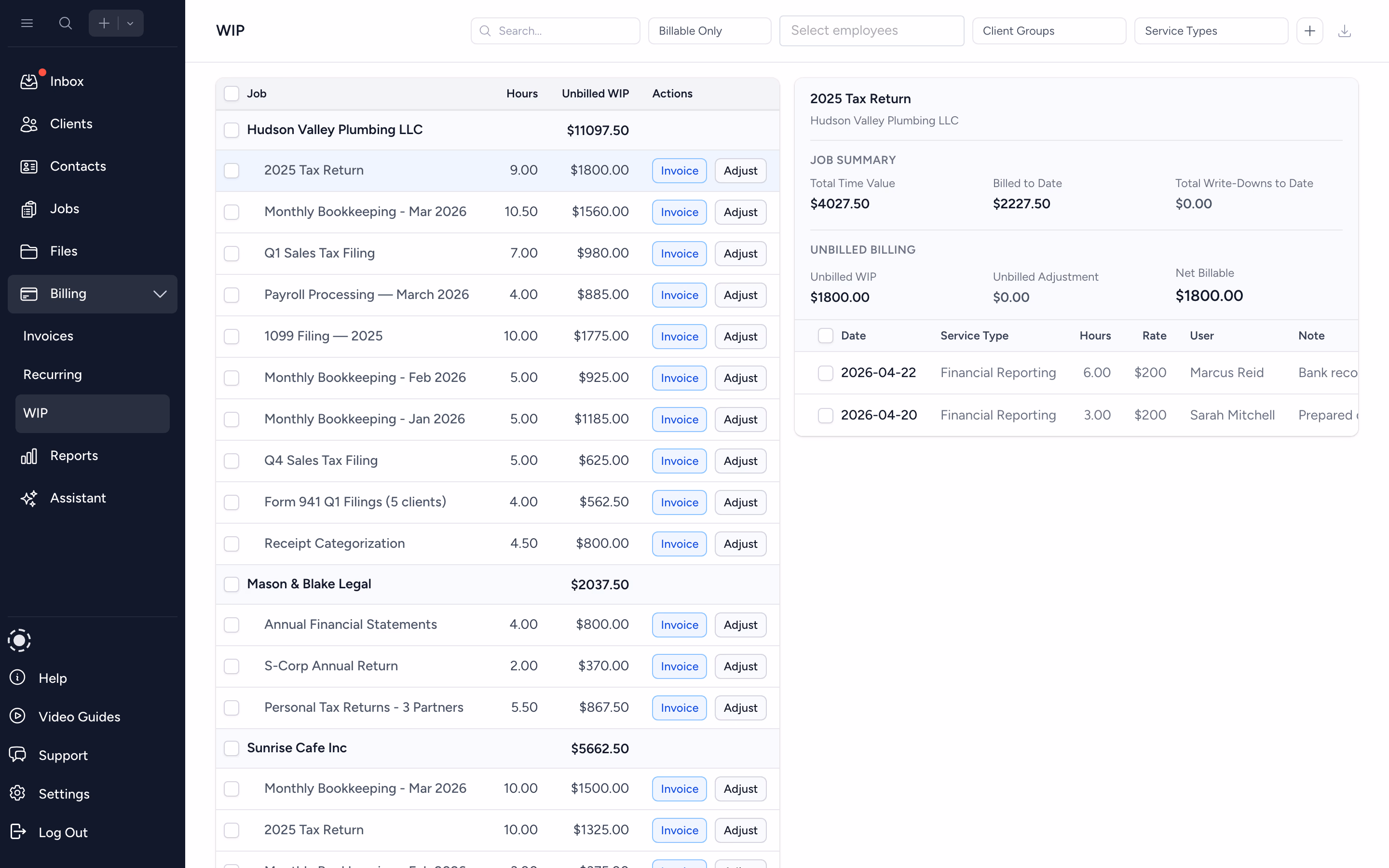 Unbilled WIP from tracked time, ready to invoice