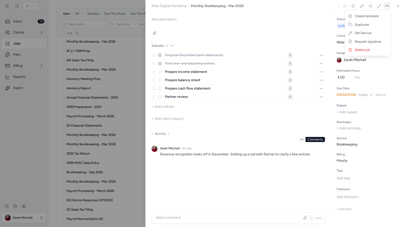 The Job actions menu with Duplicate available