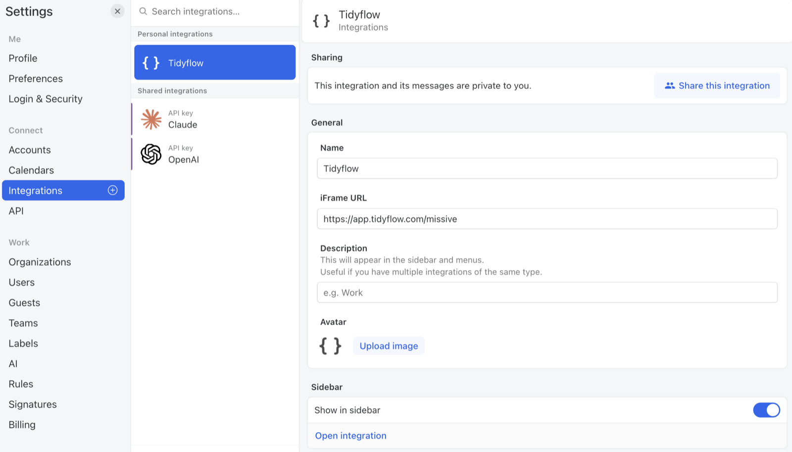 Tidyflow integration settings in Missive showing the Avatar field
