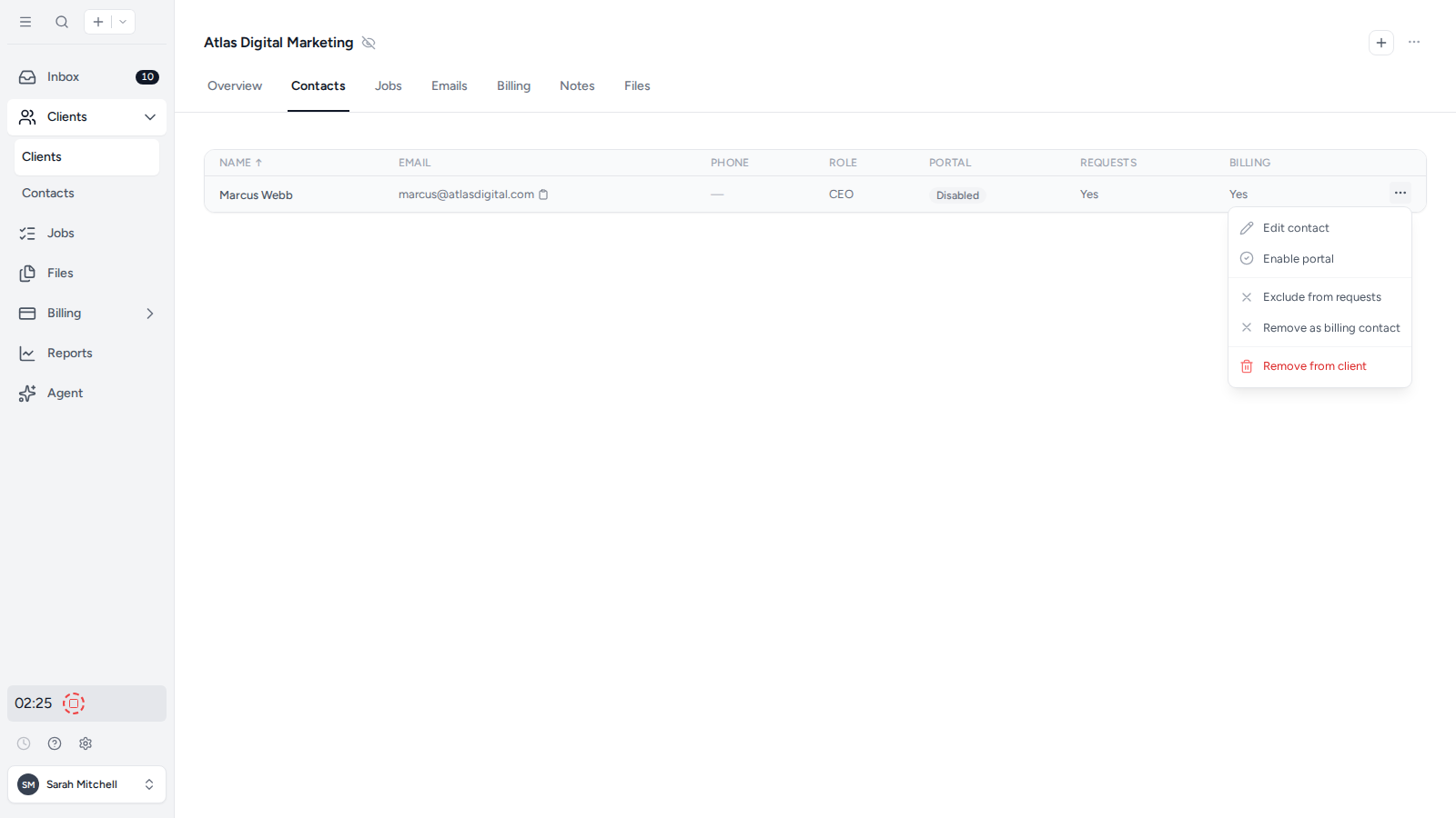 The client Contacts tab with Remove from client available